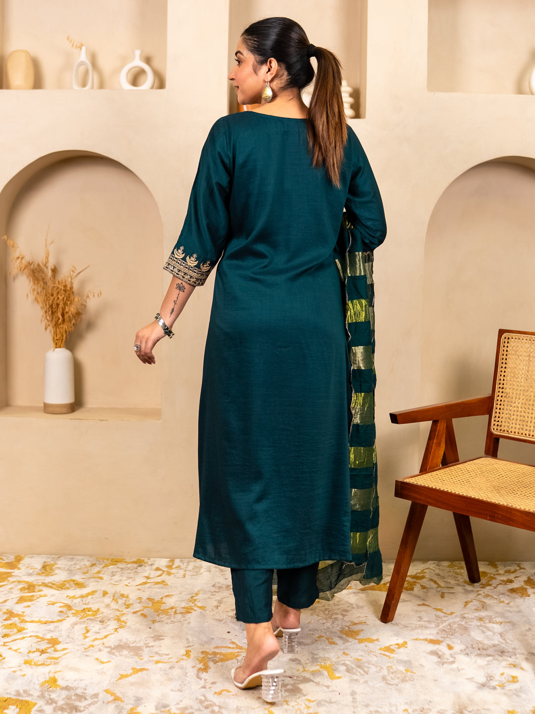 Myraa Teal Women Kurta and Pant Dupatta Sets Chanderi Silk Fabrics with Embroidery