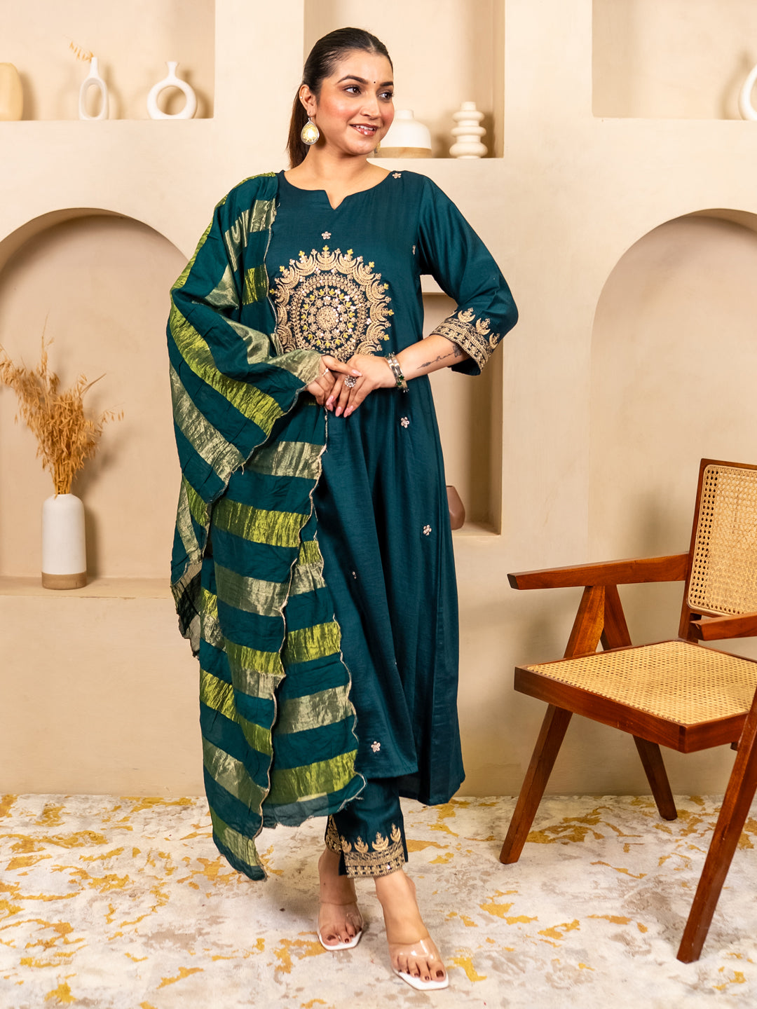 Myraa Teal Women Kurta and Pant Dupatta Sets Chanderi Silk Fabrics with Embroidery