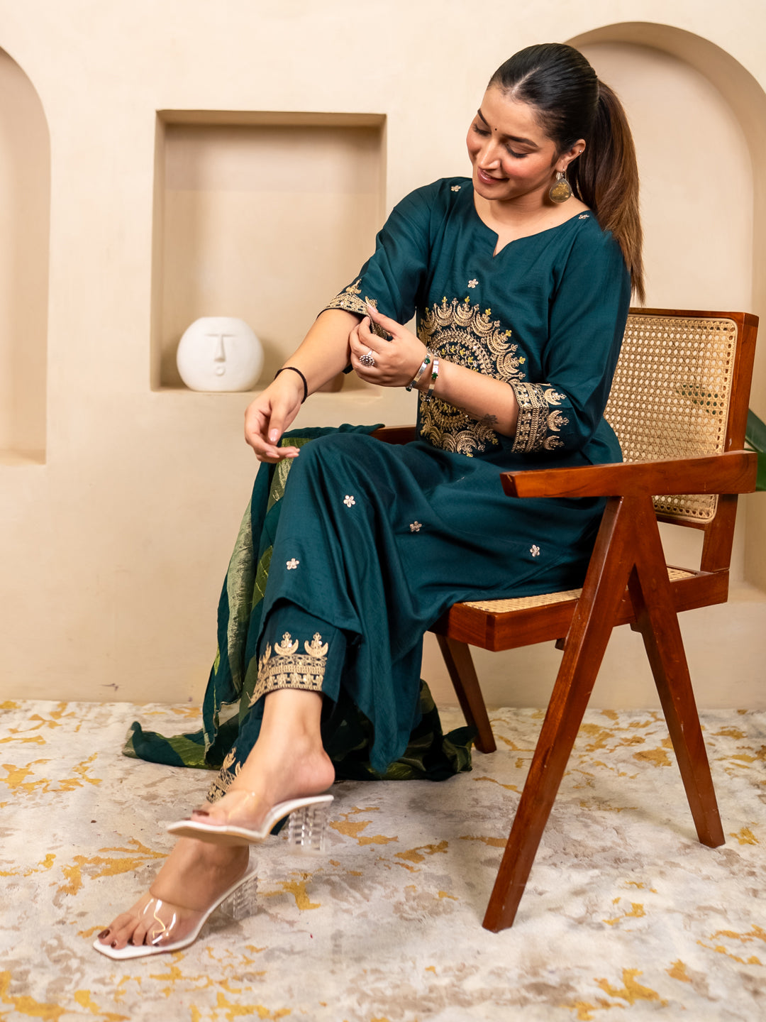 Myraa Teal Women Kurta and Pant Dupatta Sets Chanderi Silk Fabrics with Embroidery