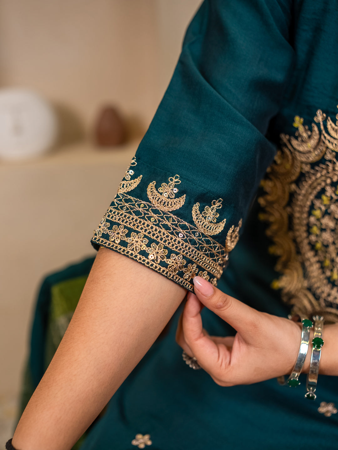 Myraa Teal Women Kurta and Pant Dupatta Sets Chanderi Silk Fabrics with Embroidery