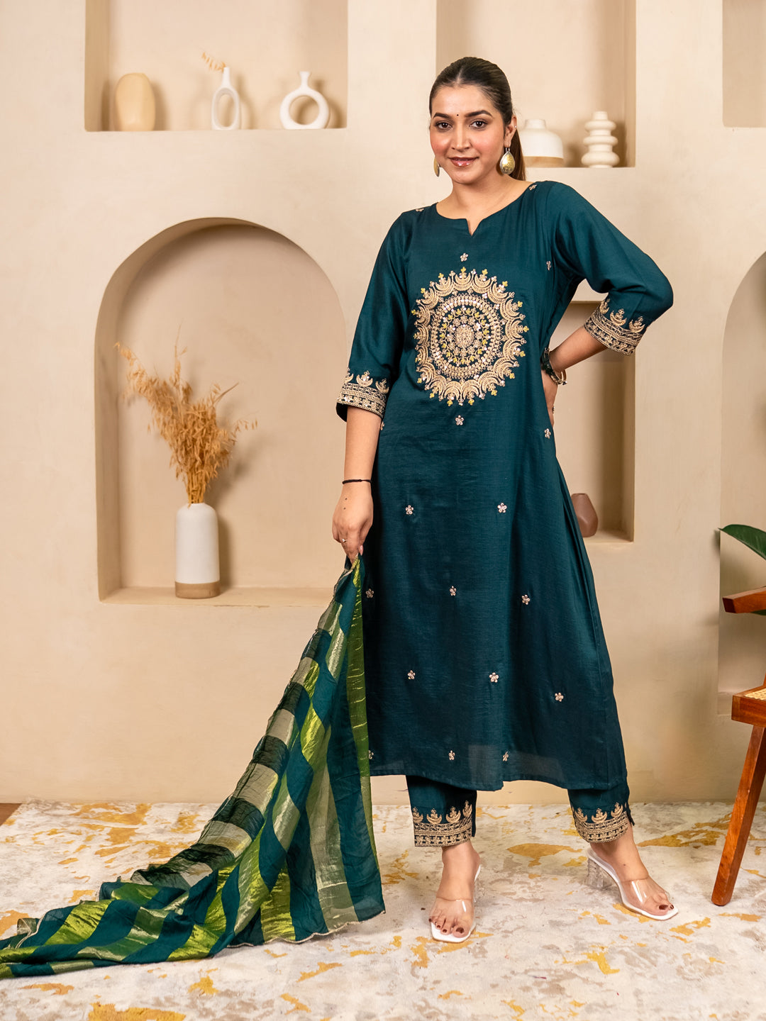 Myraa Teal Women Kurta and Pant Dupatta Sets Chanderi Silk Fabrics with Embroidery