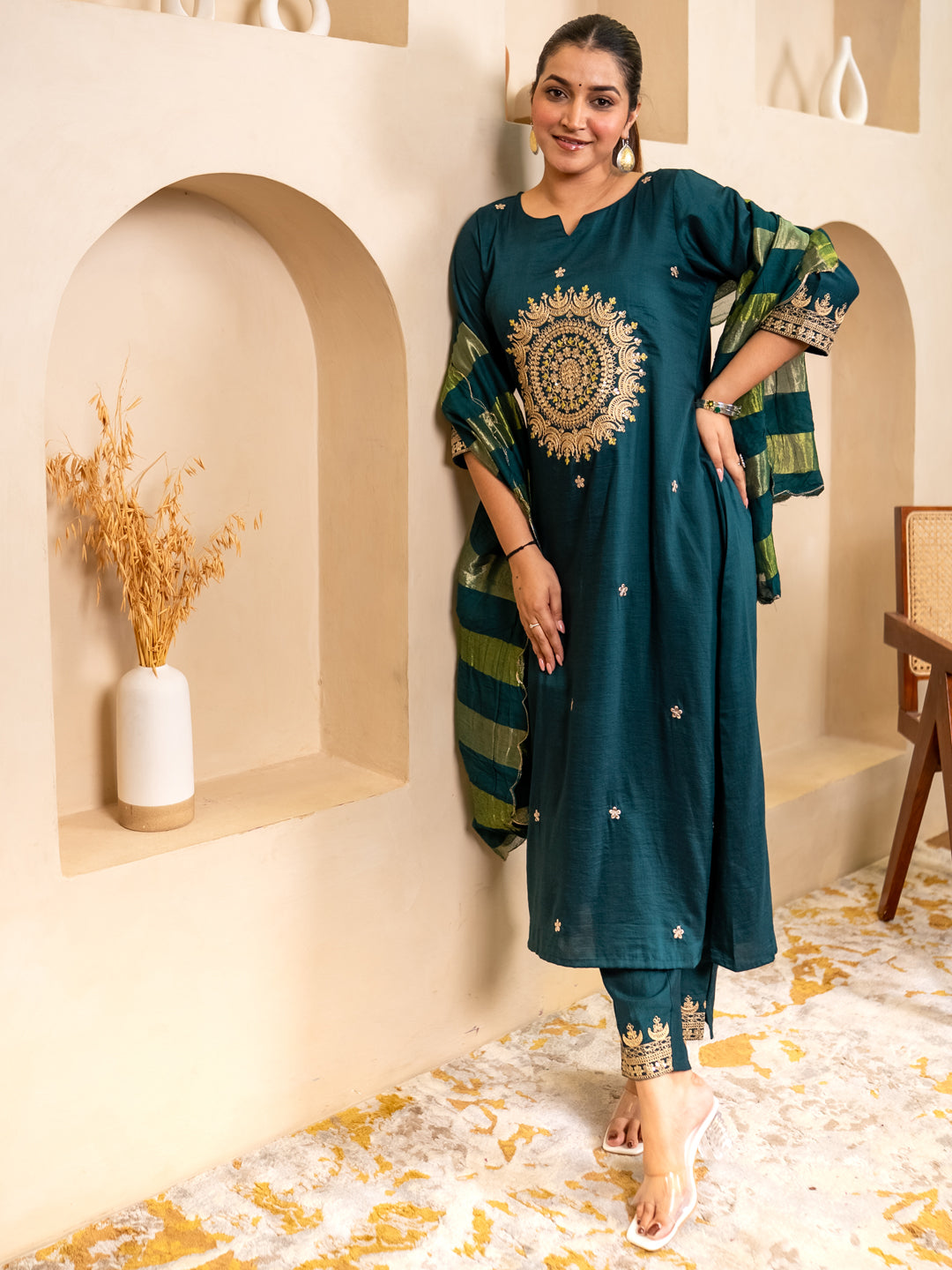 Myraa Teal Women Kurta and Pant Dupatta Sets Chanderi Silk Fabrics with Embroidery