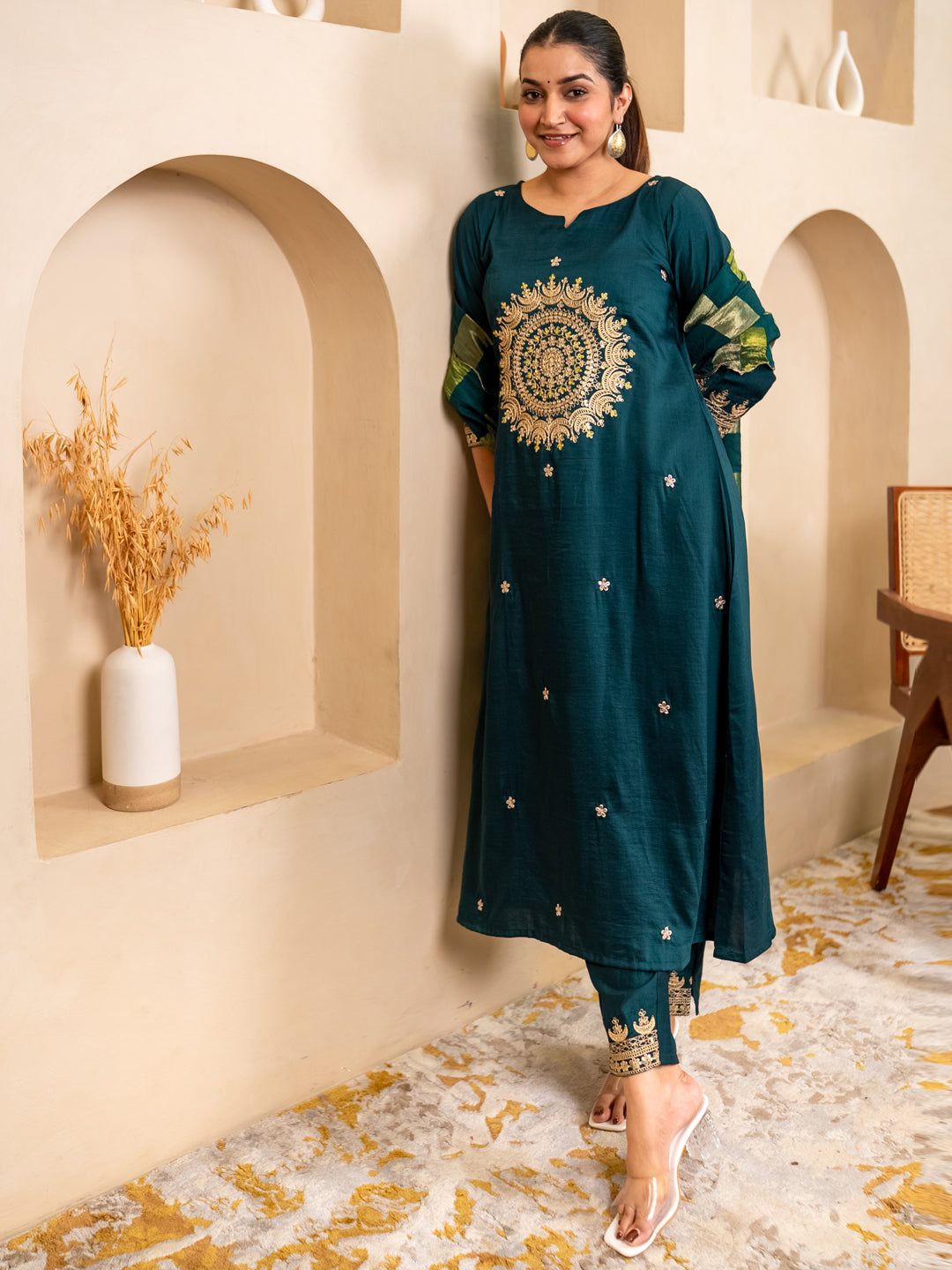 Myraa Teal Women Kurta and Pant Dupatta Sets Chanderi Silk Fabrics with Embroidery
