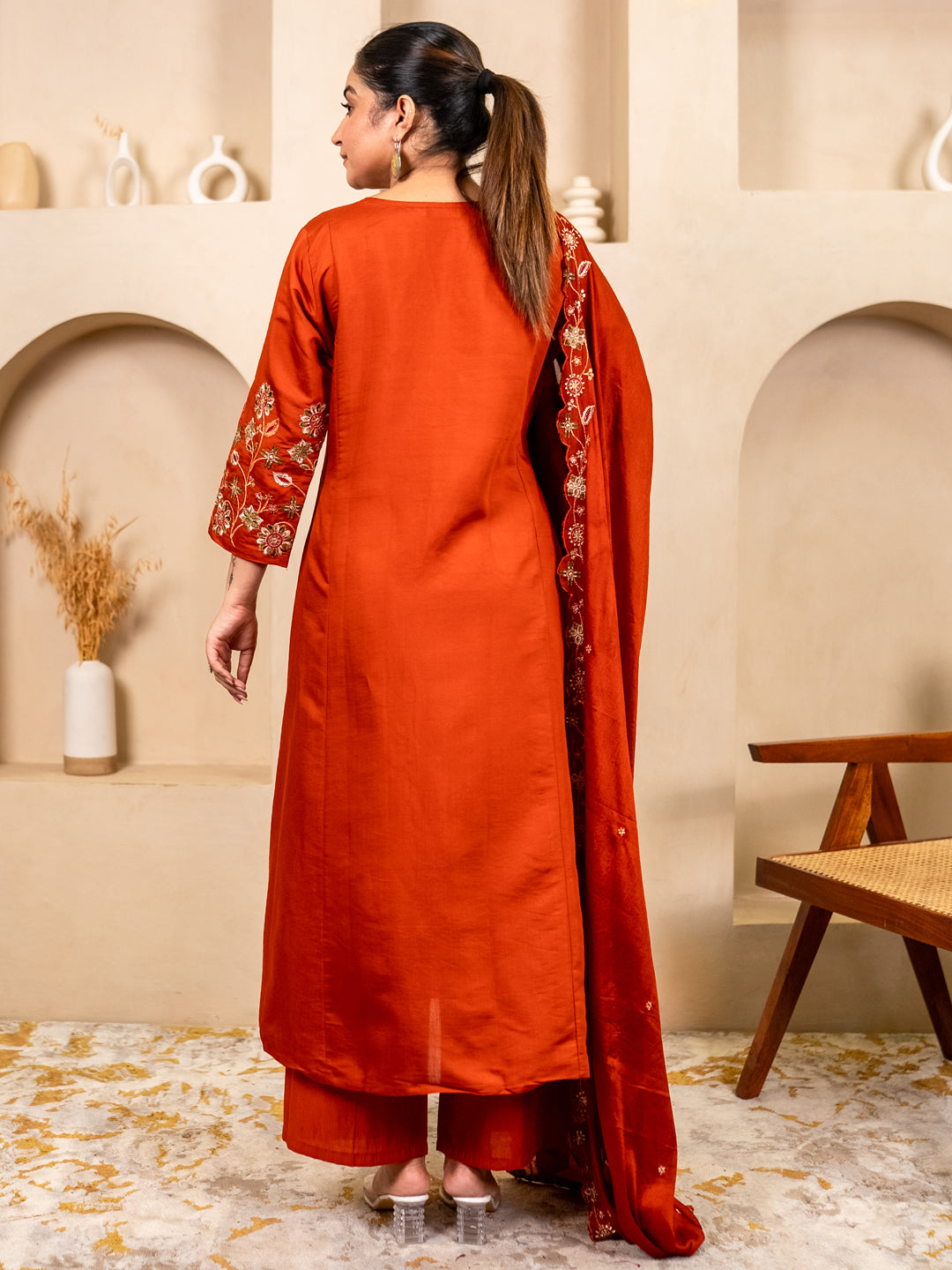 Rust Women Anarkali Kurta with Pant & Chinon Dupatta Suits, Festive Ethnic Set