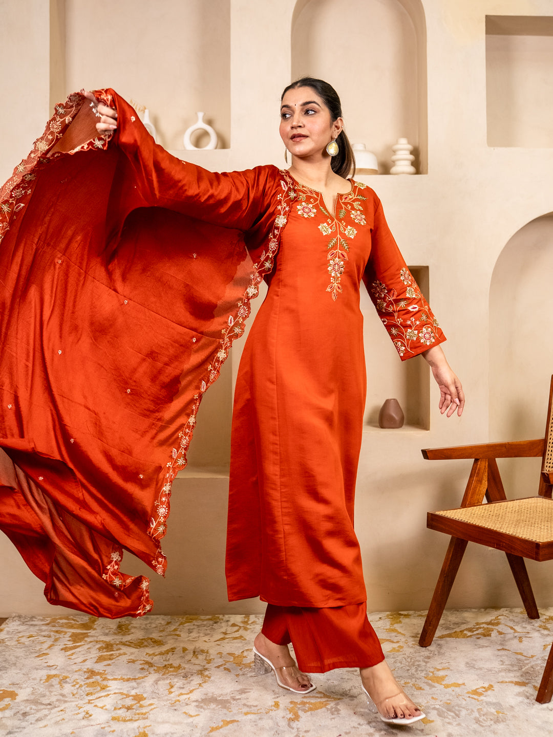 Rust Women Anarkali Kurta with Pant & Chinon Dupatta Suits, Festive Ethnic Set