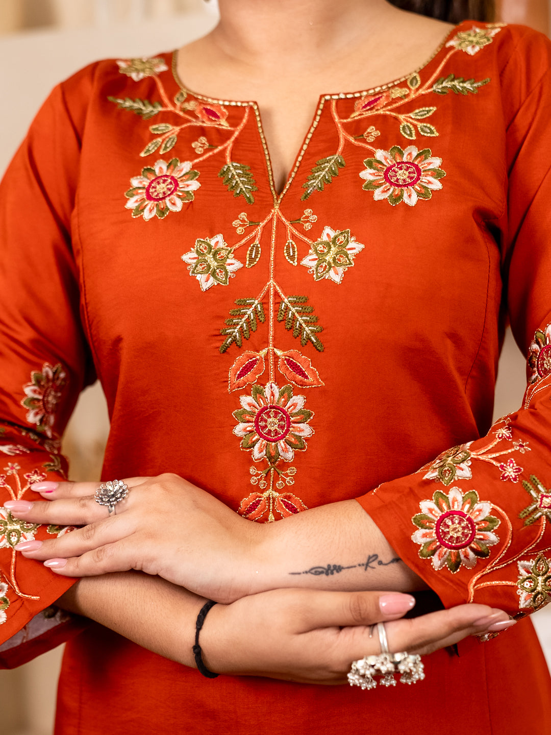 Rust Women Anarkali Kurta with Pant & Chinon Dupatta Suits, Festive Ethnic Set