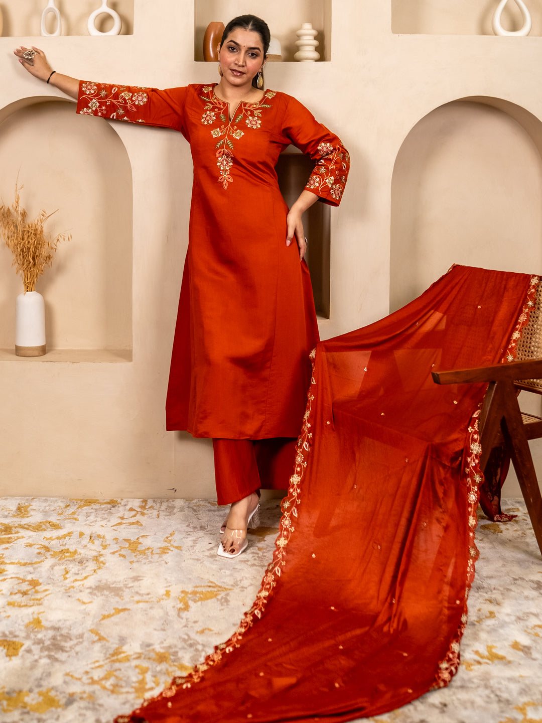 Rust Women Anarkali Kurta with Pant & Chinon Dupatta Suits, Festive Ethnic Set