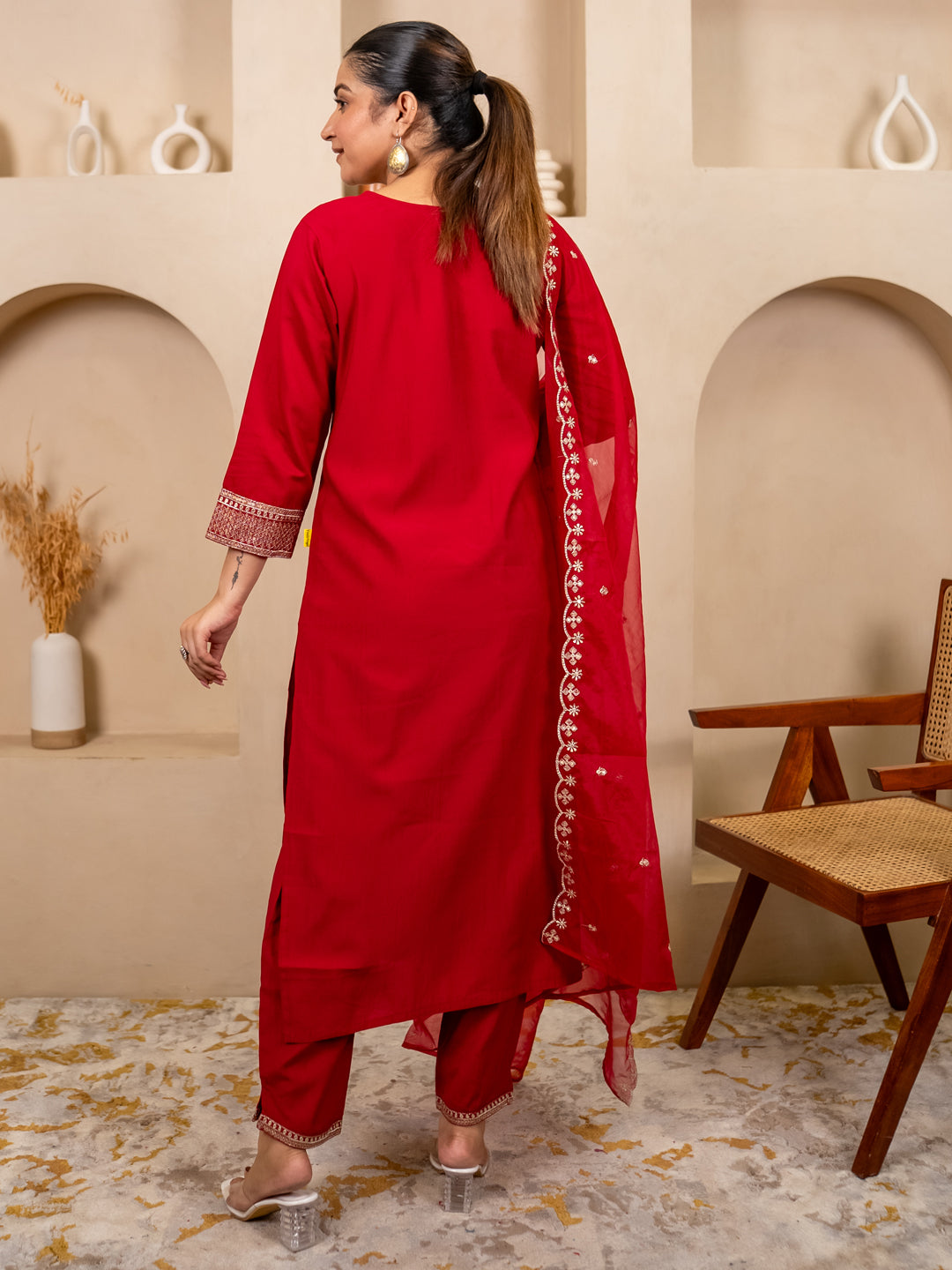 Vanya Red Embroidered Silk Blend Suit Set With Dupatta