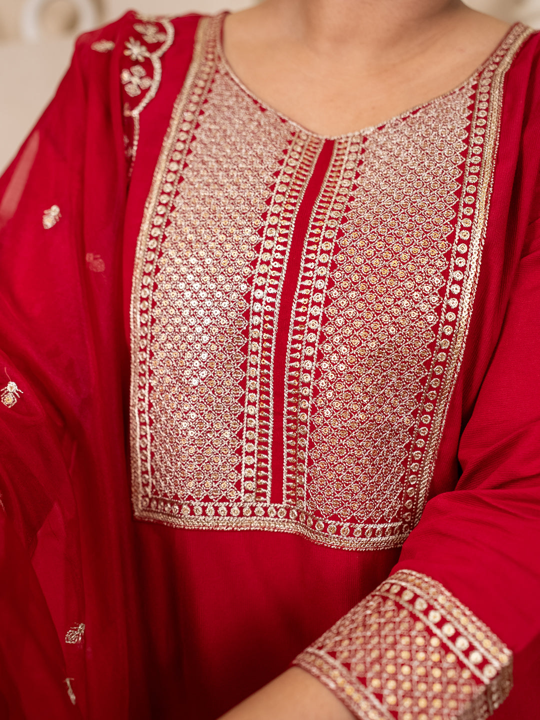 Vanya Red Embroidered Silk Blend Suit Set With Dupatta