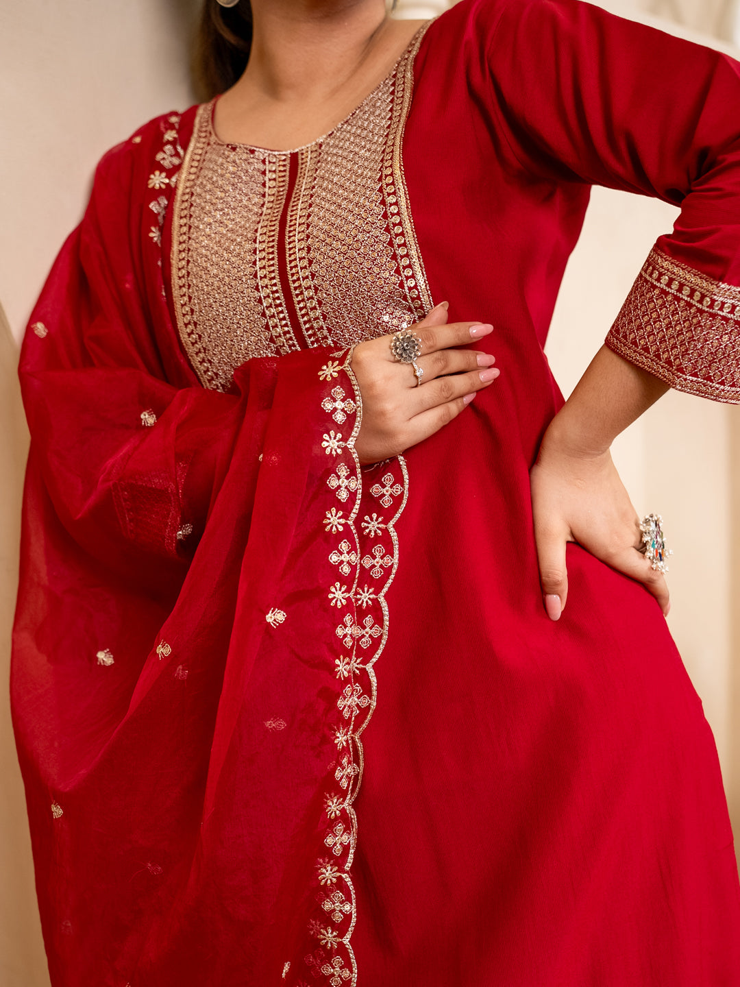 Vanya Red Embroidered Silk Blend Suit Set With Dupatta