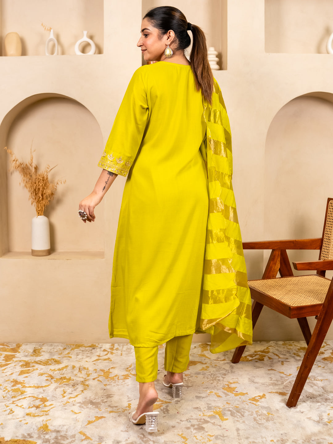 Myraa Lemon Women Kurta and Pant Dupatta Sets Chanderi Silk Fabrics with Embroidery