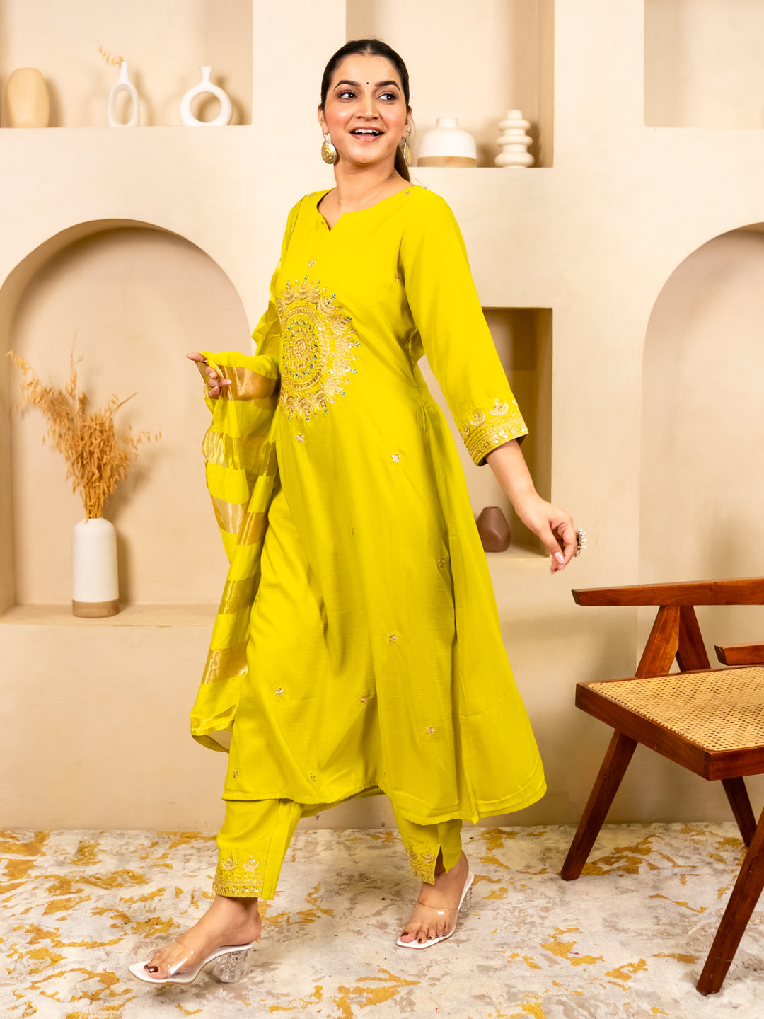 Myraa Lemon Women Kurta and Pant Dupatta Sets Chanderi Silk Fabrics with Embroidery
