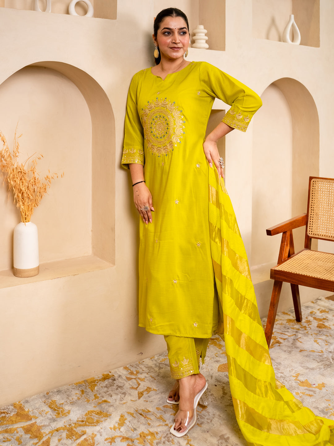 Myraa Lemon Women Kurta and Pant Dupatta Sets Chanderi Silk Fabrics with Embroidery