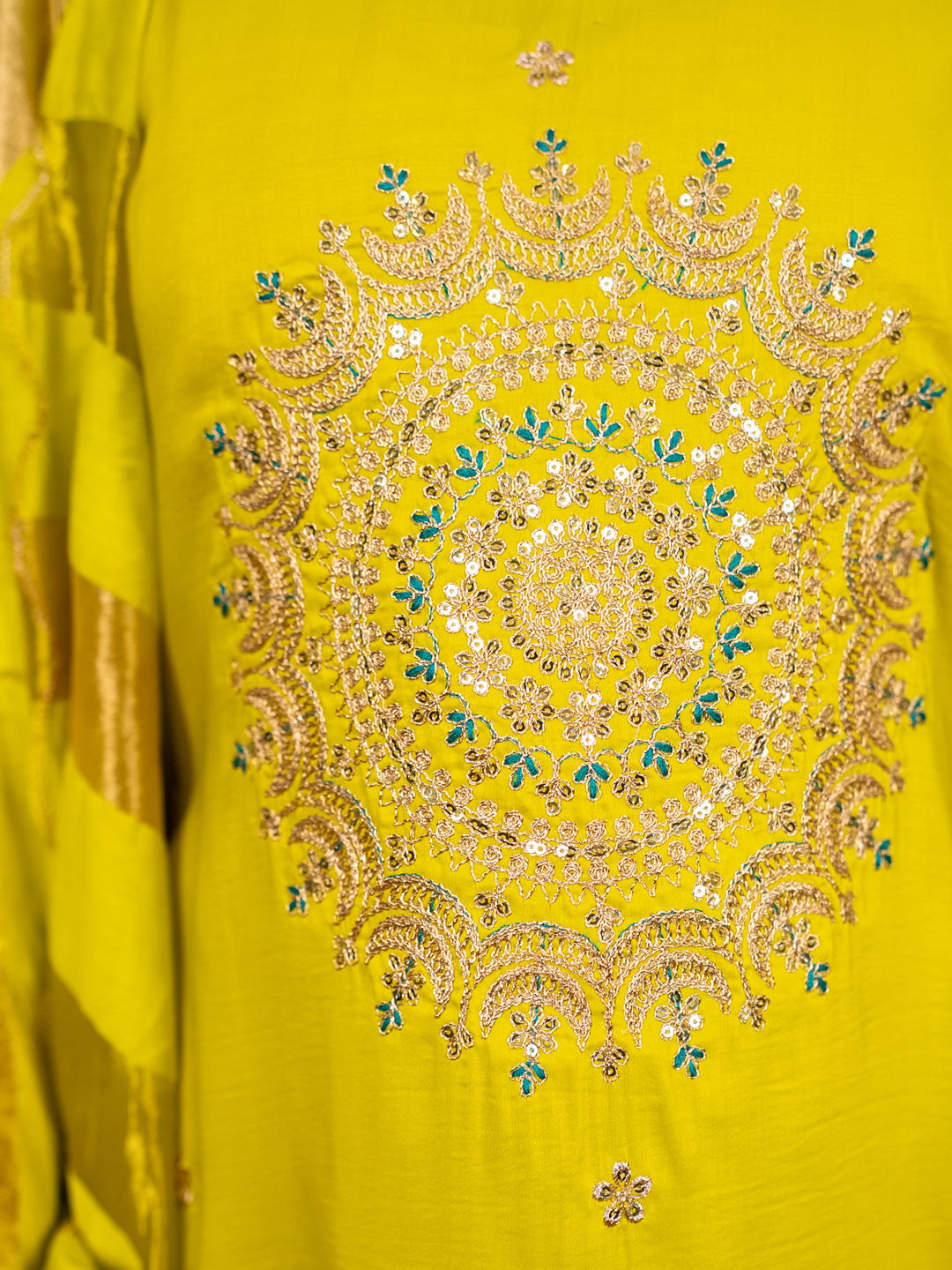 Myraa Lemon Women Kurta and Pant Dupatta Sets Chanderi Silk Fabrics with Embroidery