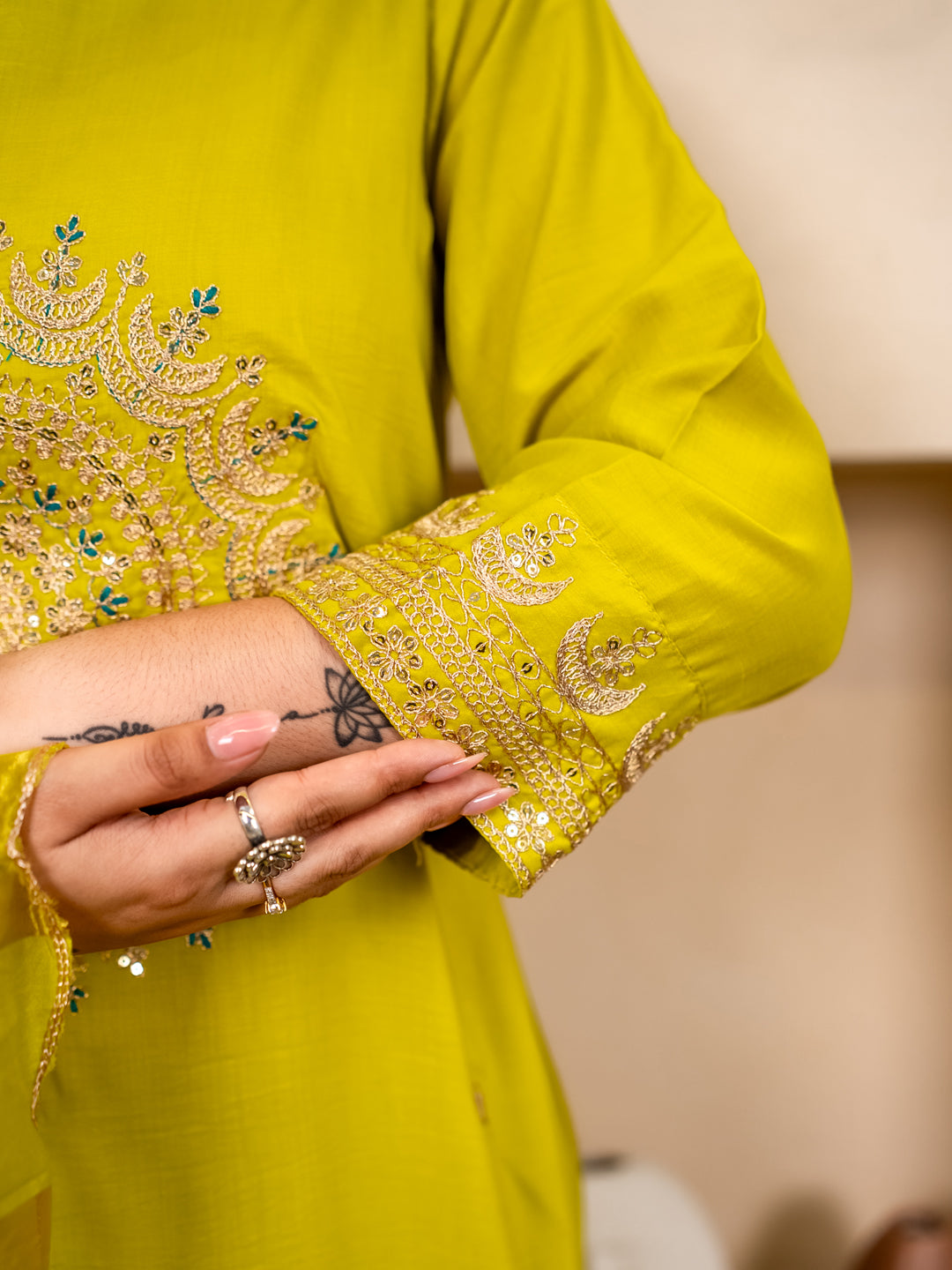 Myraa Lemon Women Kurta and Pant Dupatta Sets Chanderi Silk Fabrics with Embroidery