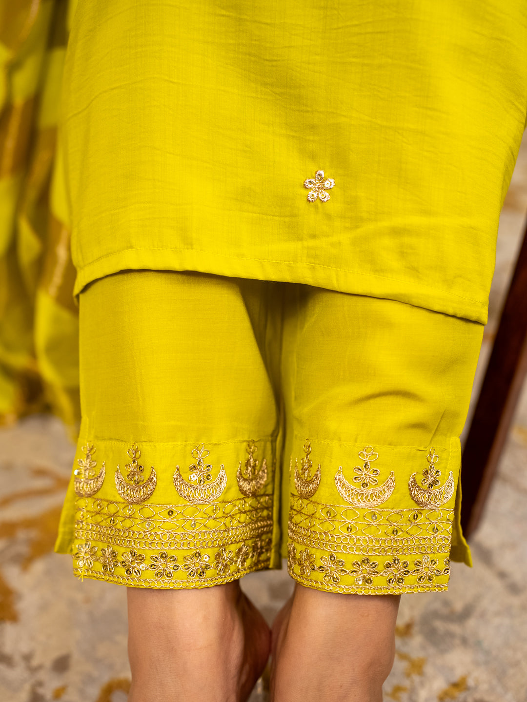 Myraa Lemon Women Kurta and Pant Dupatta Sets Chanderi Silk Fabrics with Embroidery