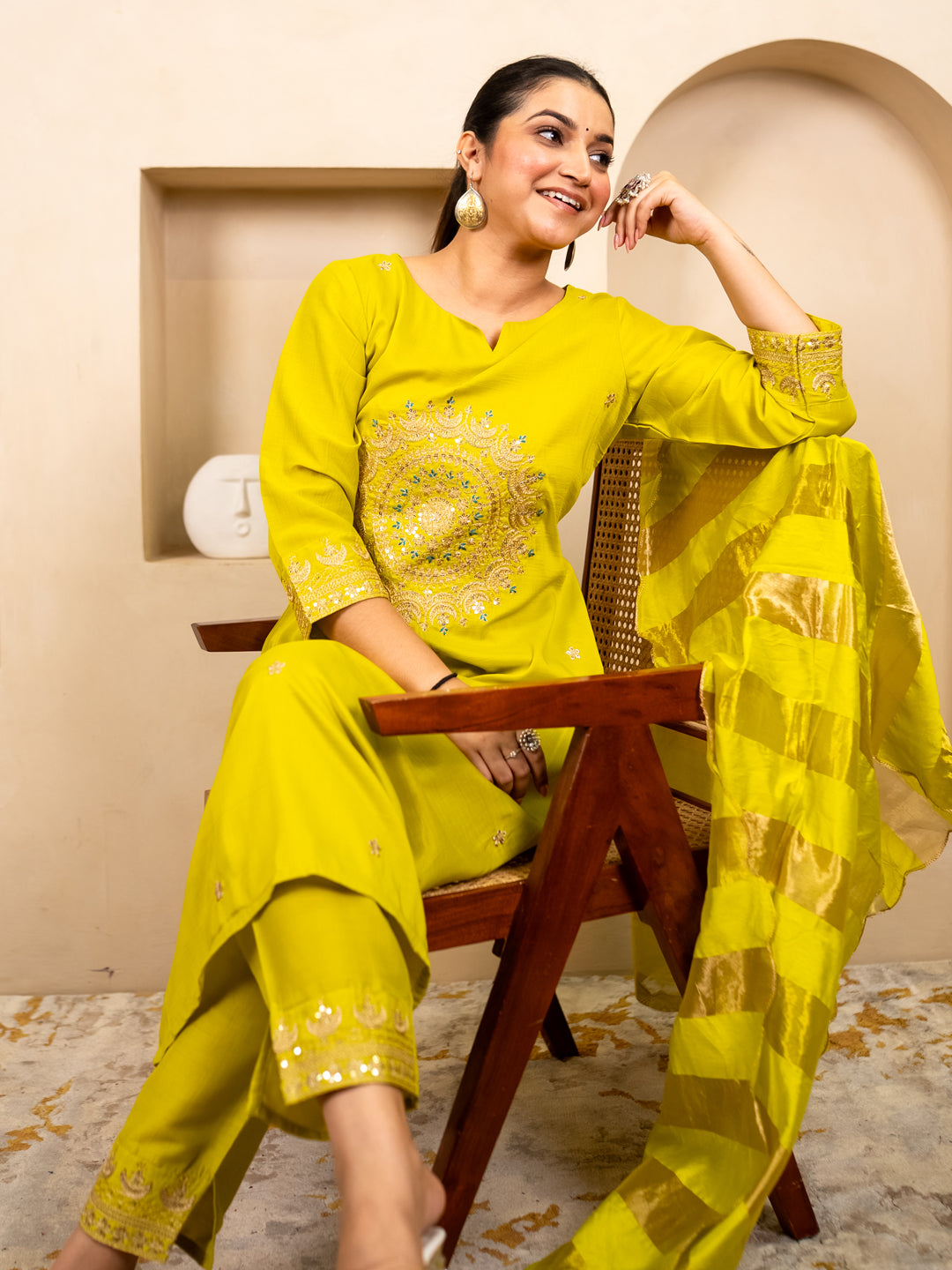 Myraa Lemon Women Kurta and Pant Dupatta Sets Chanderi Silk Fabrics with Embroidery