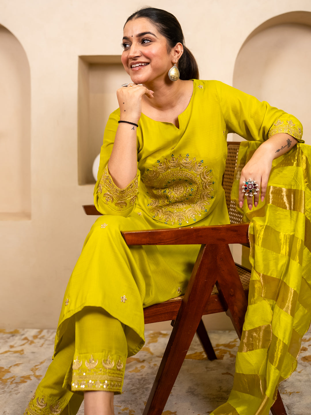 Myraa Lemon Women Kurta and Pant Dupatta Sets Chanderi Silk Fabrics with Embroidery