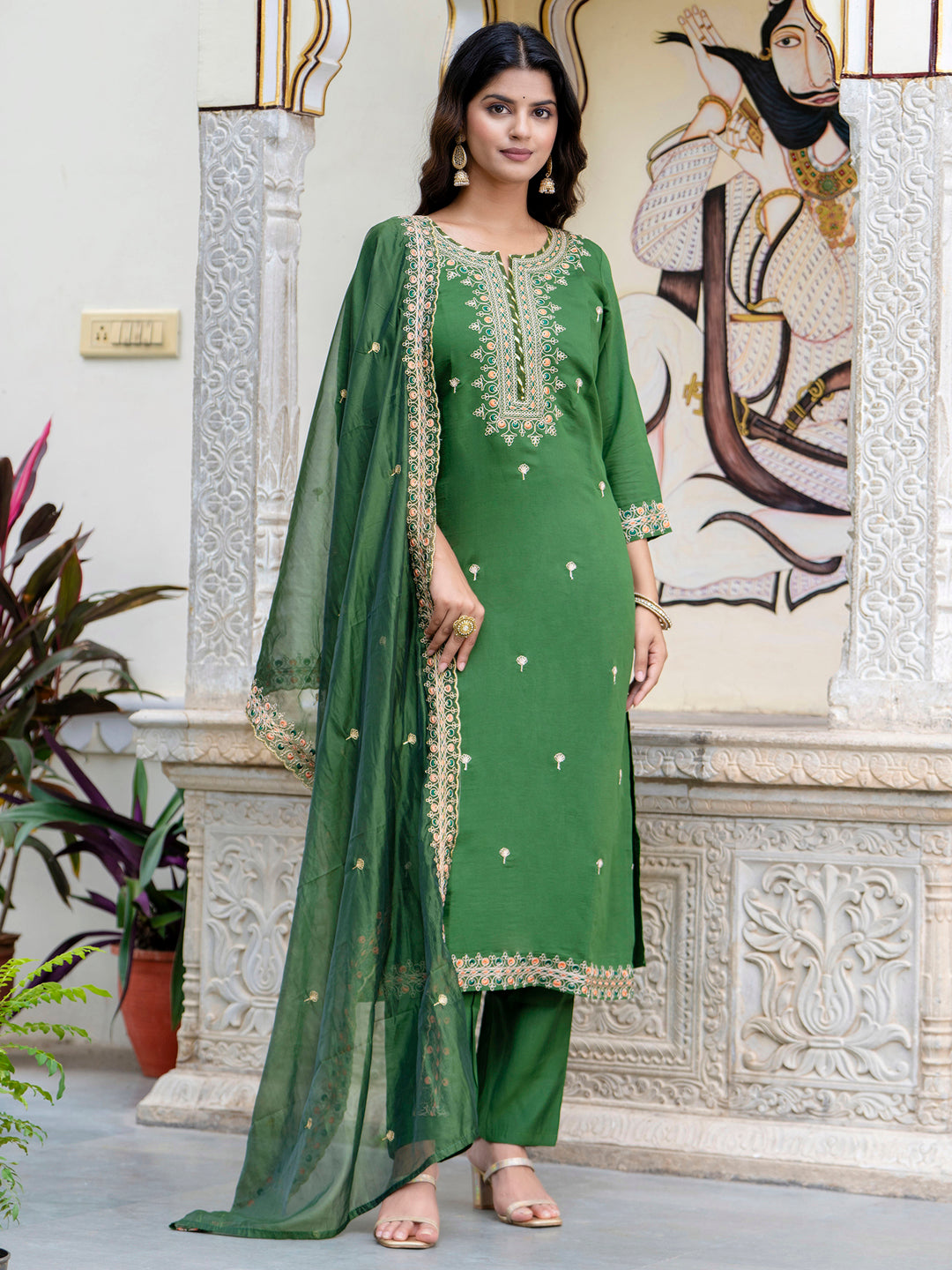 VredeVogel Women's Embroidered Silk Blend Calf Length Straight Kurta Trouser with Dupatta Set