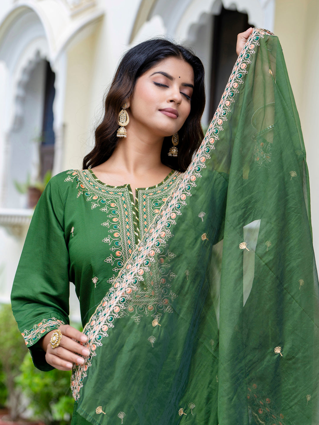 VredeVogel Women's Embroidered Silk Blend Calf Length Straight Kurta Trouser with Dupatta Set