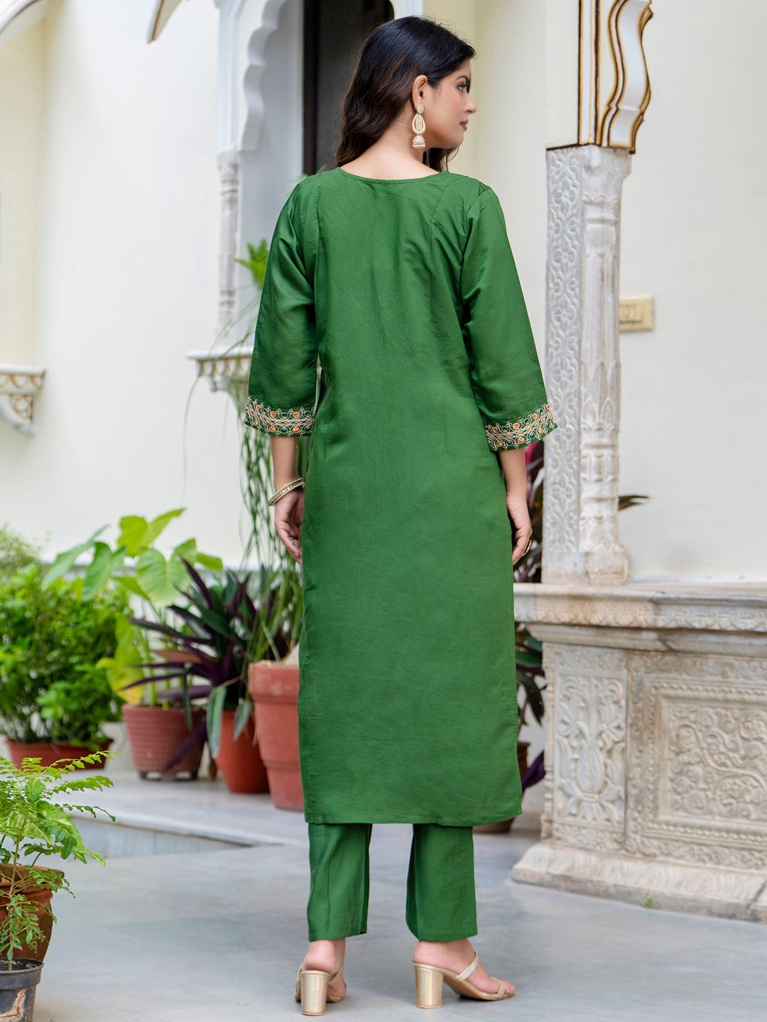 VredeVogel Women's Embroidered Silk Blend Calf Length Straight Kurta Trouser with Dupatta Set