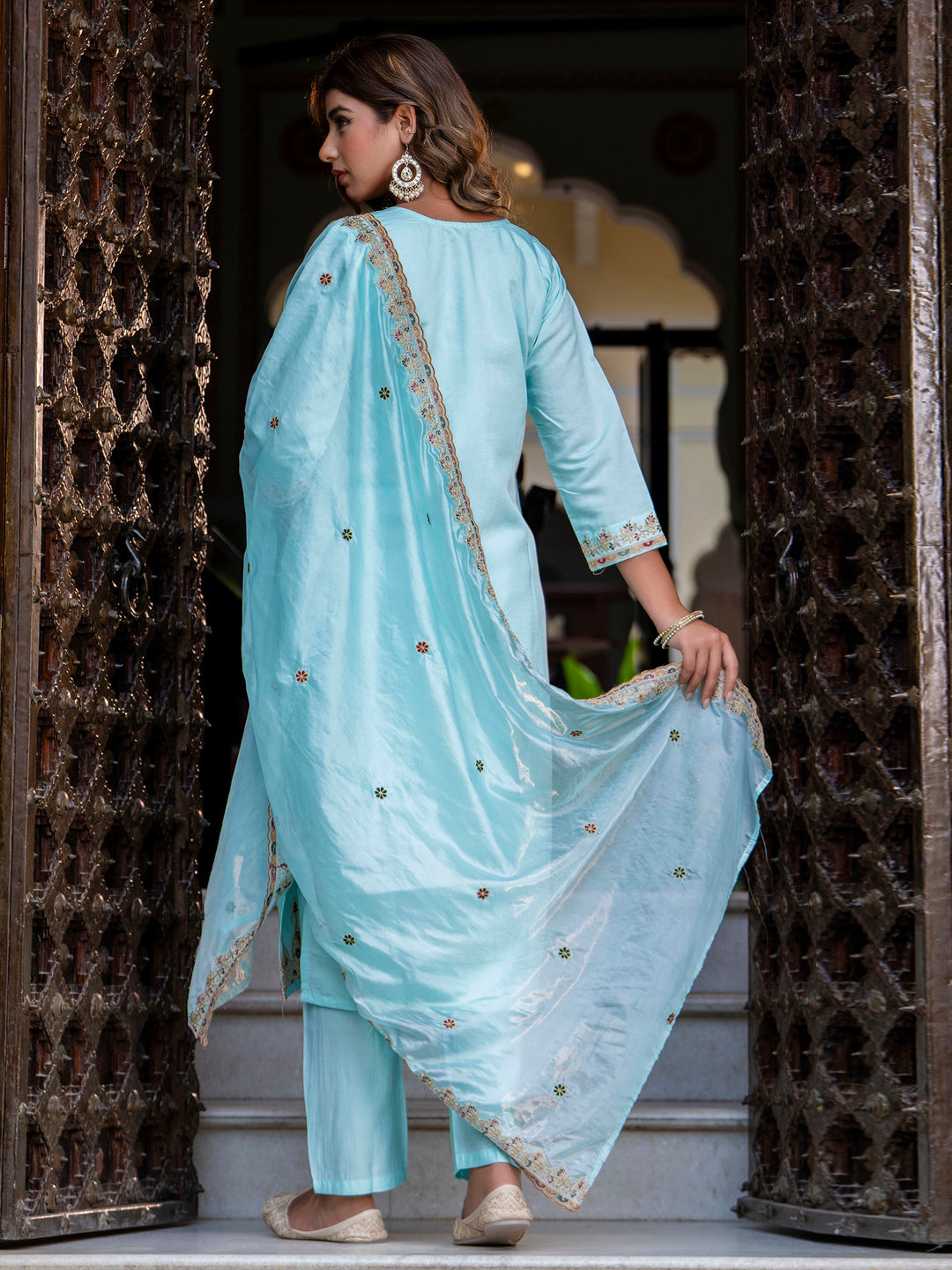VredeVogel Women's Embroidered Silk Blend Calf Length Straight Kurta Trouser with Dupatta Set