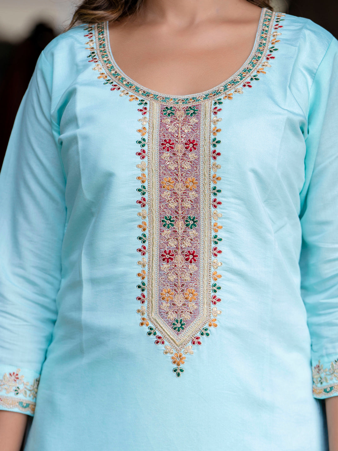 VredeVogel Women's Embroidered Silk Blend Calf Length Straight Kurta Trouser with Dupatta Set