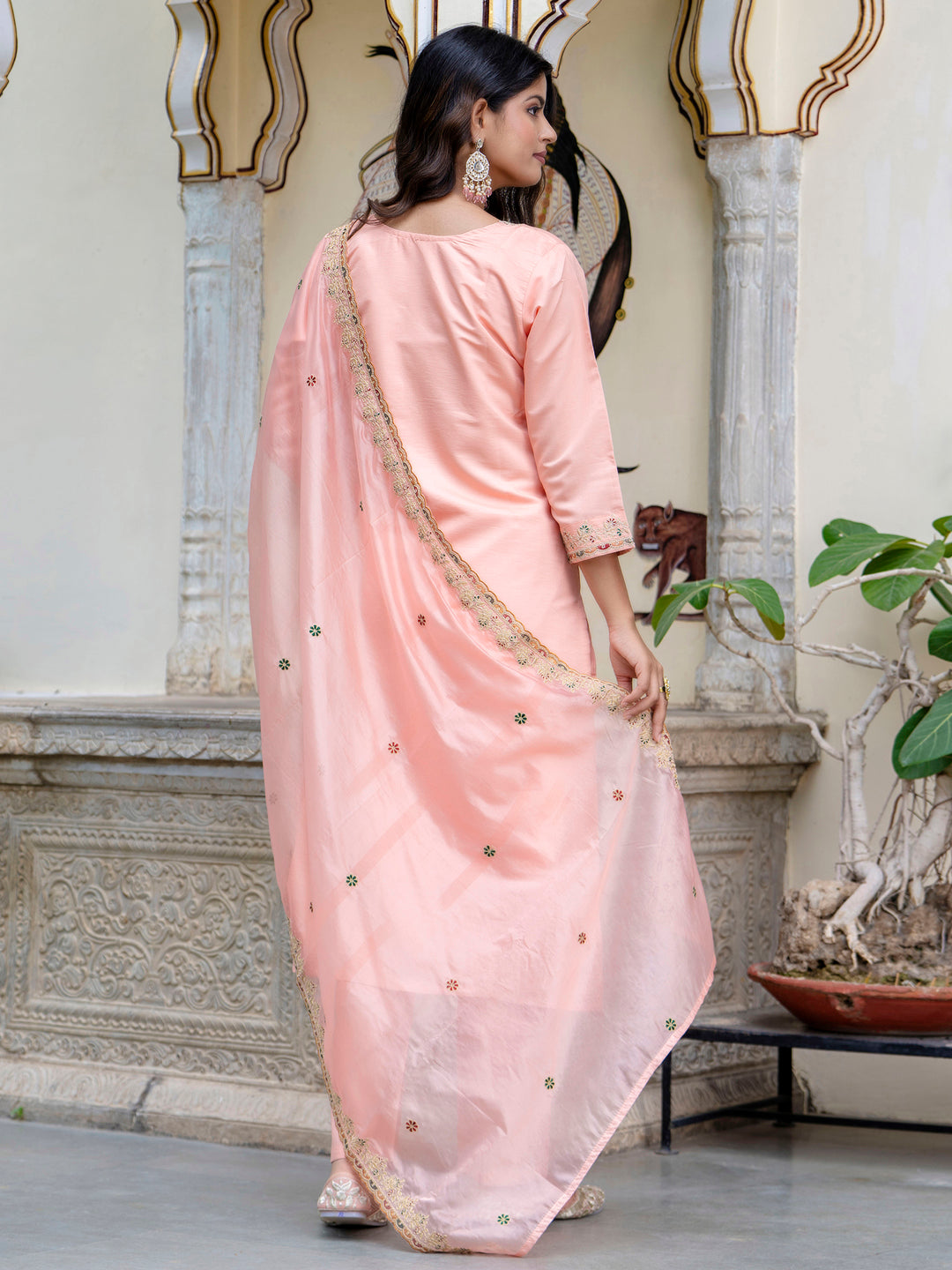 VredeVogel Women's Embroidered Silk Blend Calf Length Straight Kurta Trouser with Dupatta Set