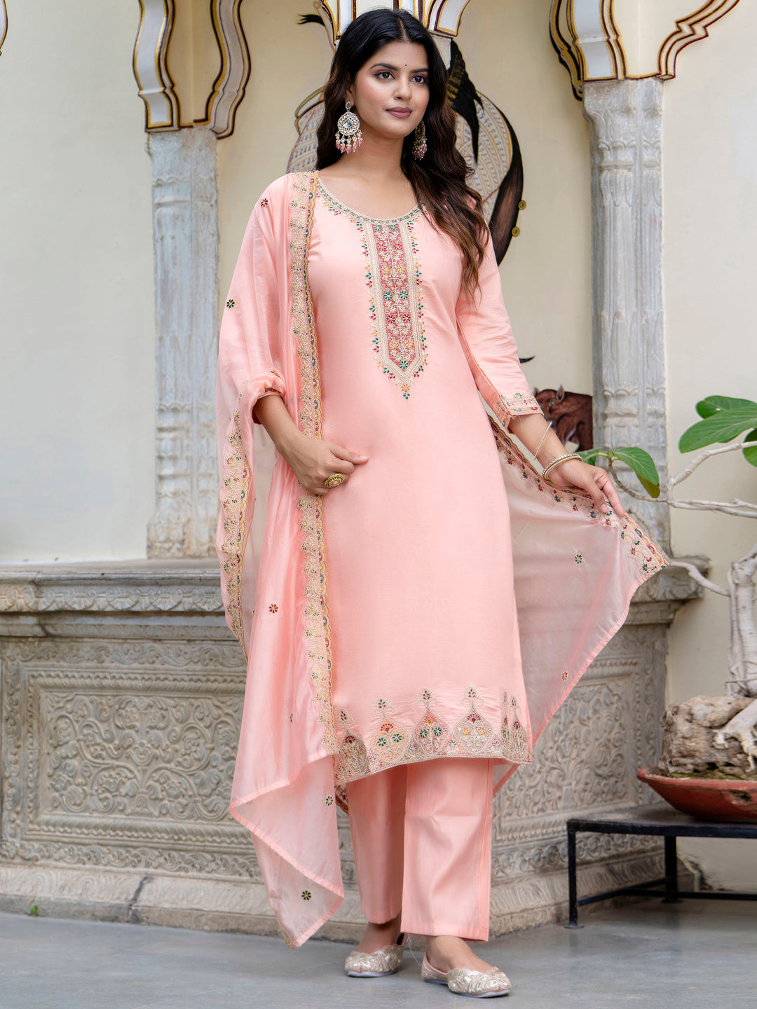 VredeVogel Women's Embroidered Silk Blend Calf Length Straight Kurta Trouser with Dupatta Set