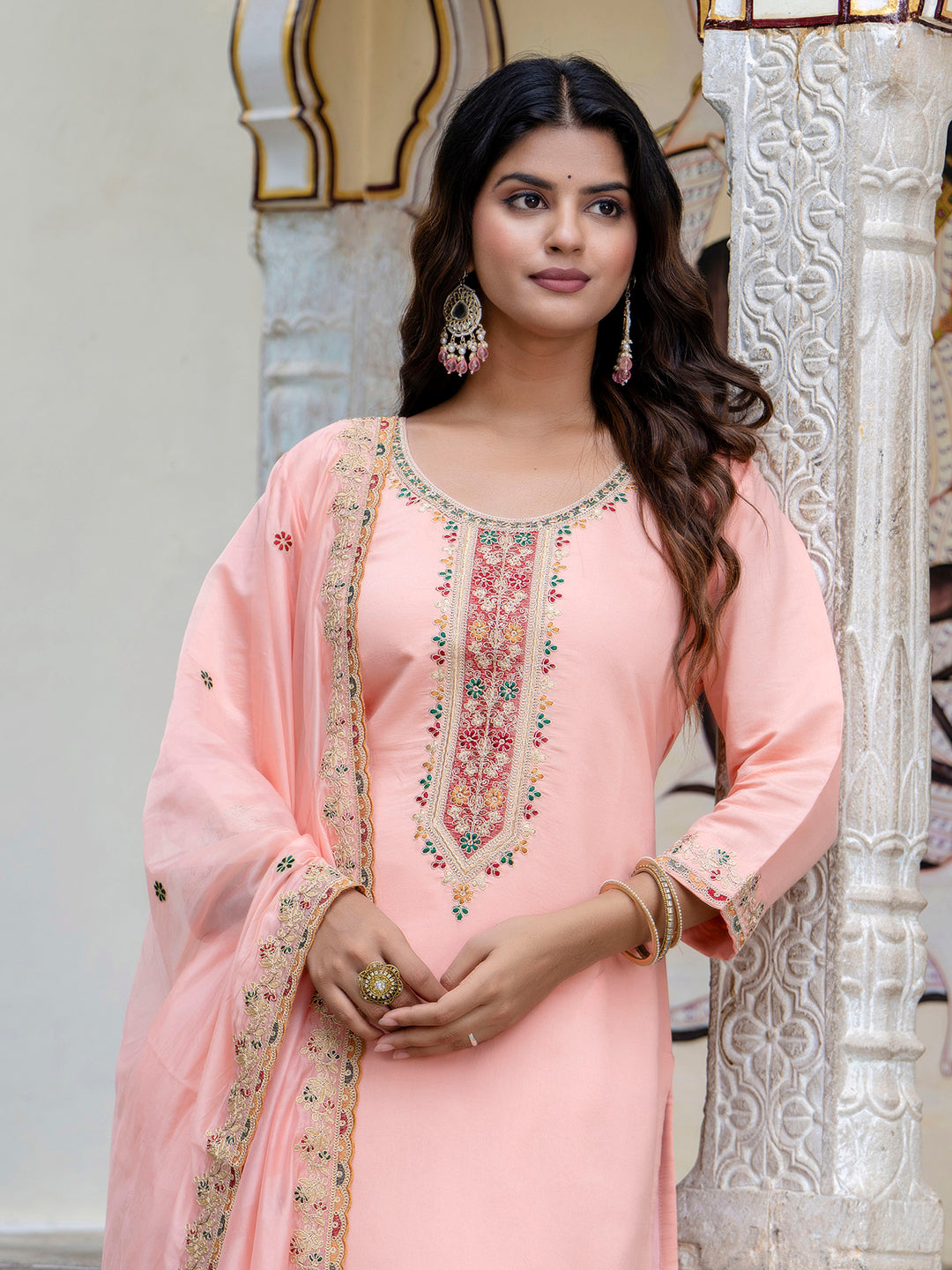 VredeVogel Women's Embroidered Silk Blend Calf Length Straight Kurta Trouser with Dupatta Set