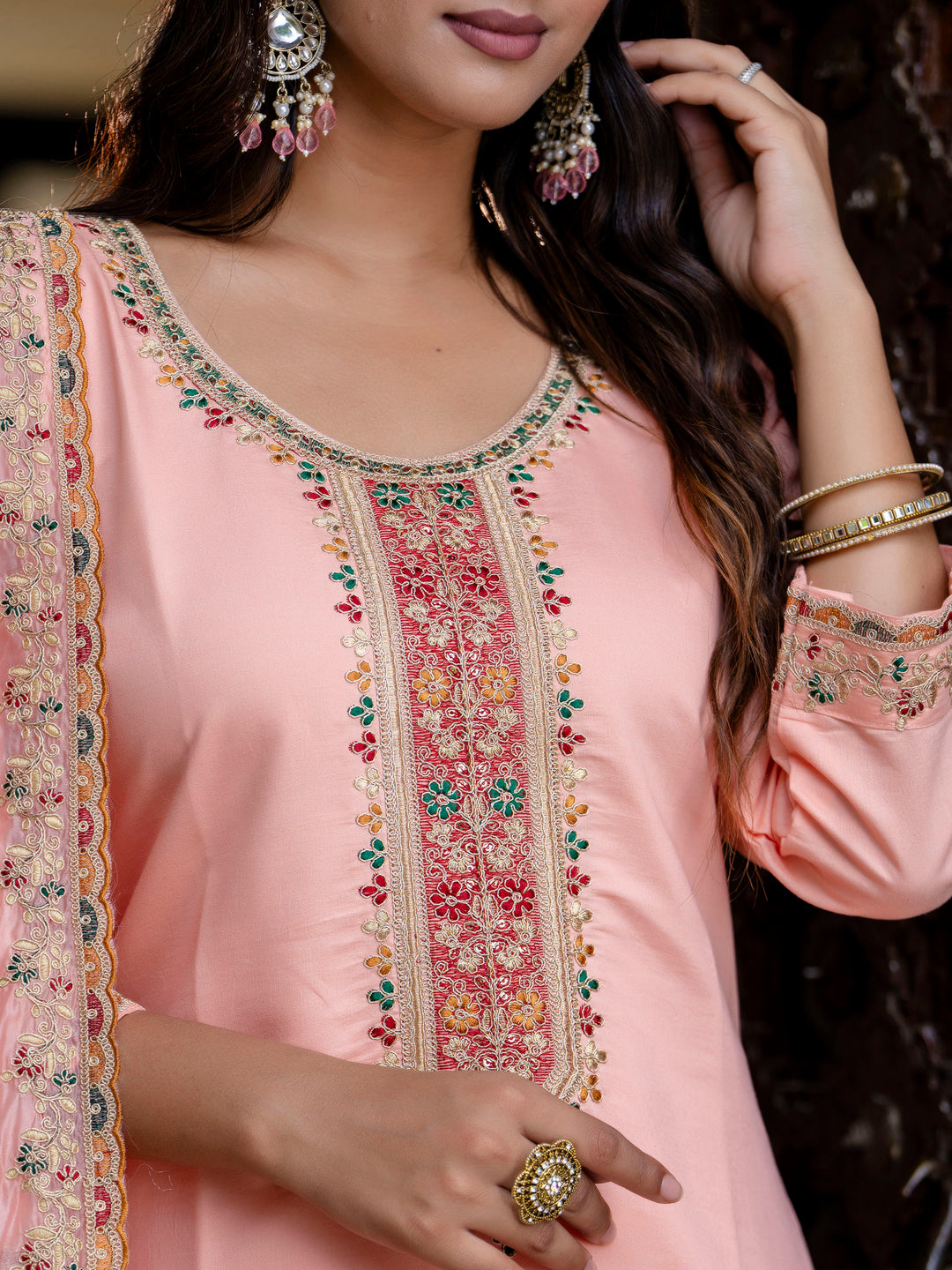 VredeVogel Women's Embroidered Silk Blend Calf Length Straight Kurta Trouser with Dupatta Set
