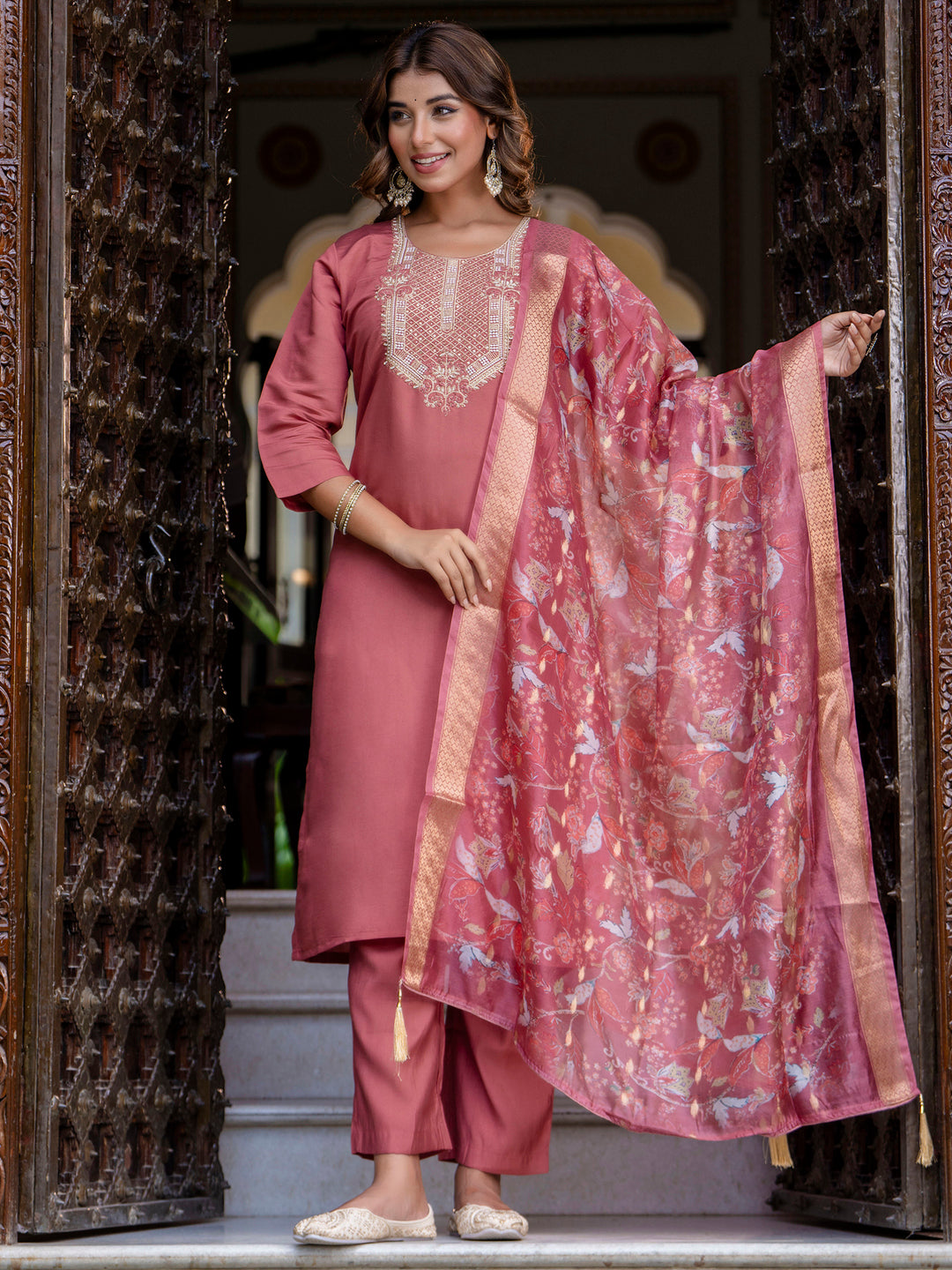 VredeVogel Women's Embroidered Silk Blend Calf Length Straight Kurta Trouser with Dupatta Set