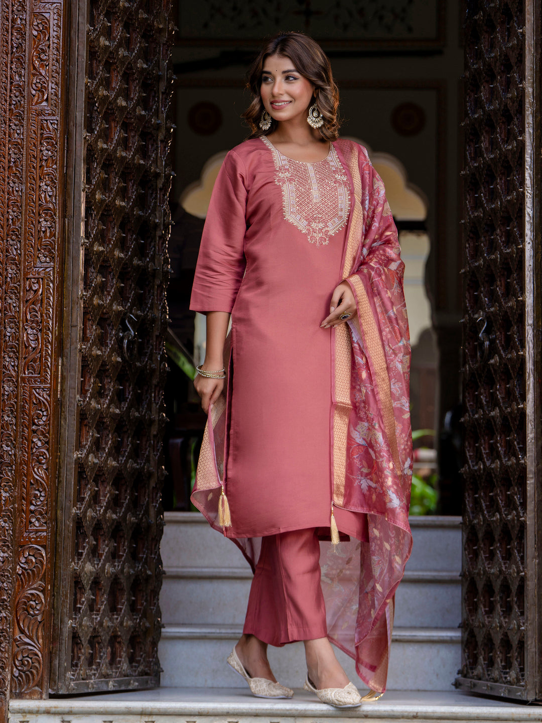 VredeVogel Women's Embroidered Silk Blend Calf Length Straight Kurta Trouser with Dupatta Set