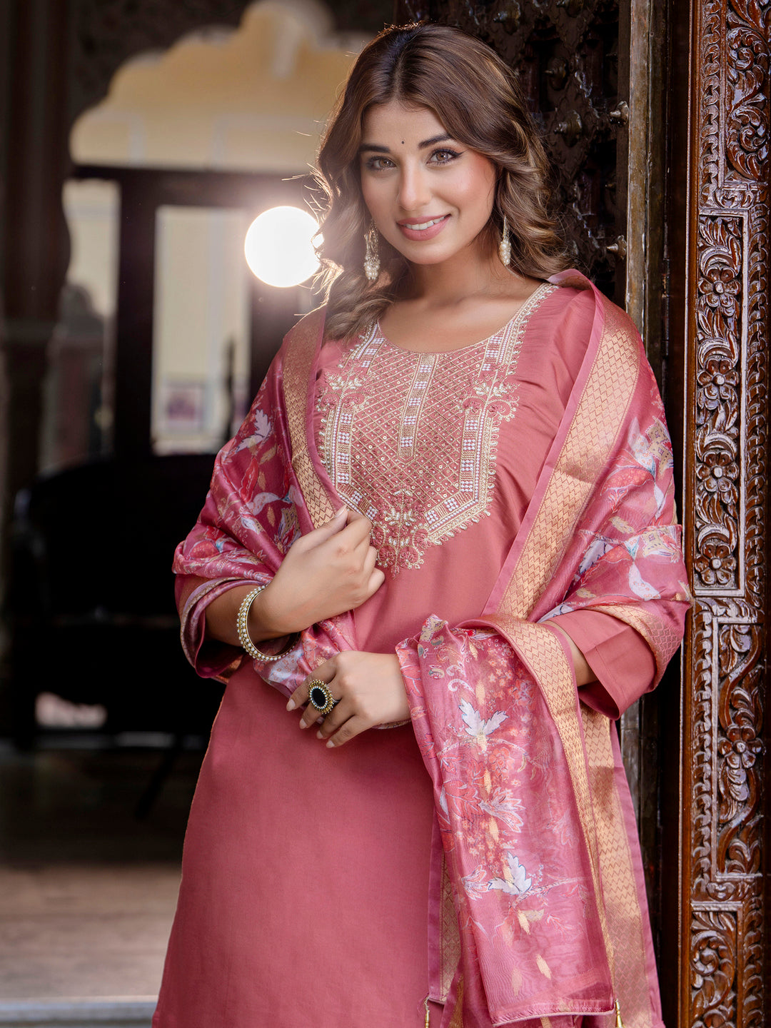 VredeVogel Women's Embroidered Silk Blend Calf Length Straight Kurta Trouser with Dupatta Set