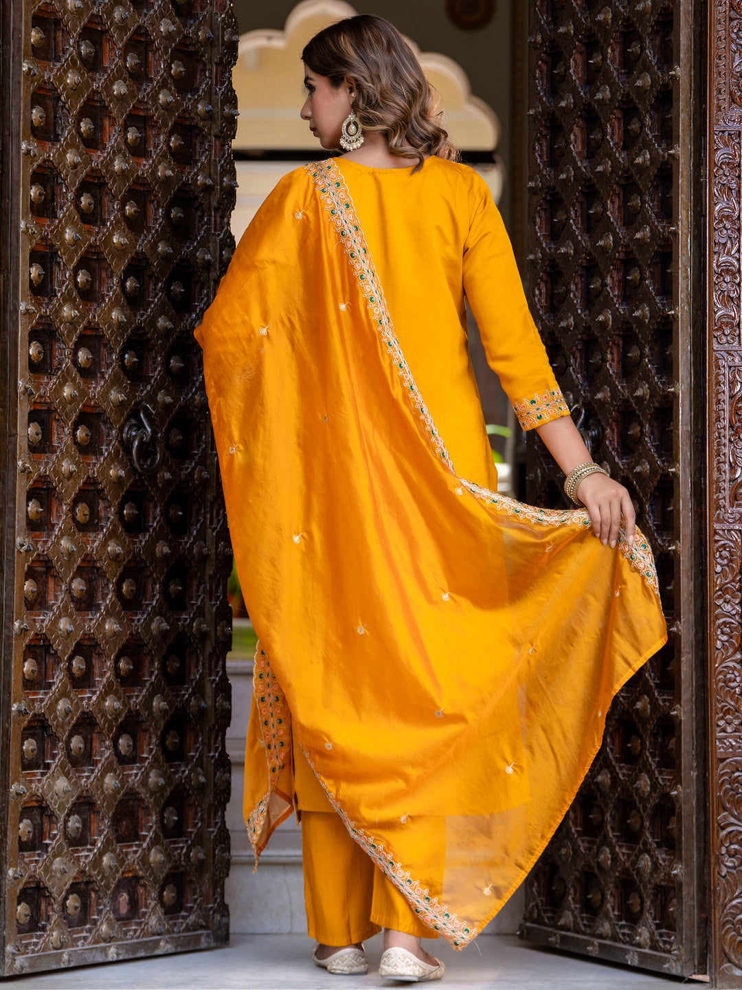 VredeVogel Women's Embroidered Silk Blend Calf Length Straight Kurta Trouser with Dupatta Set