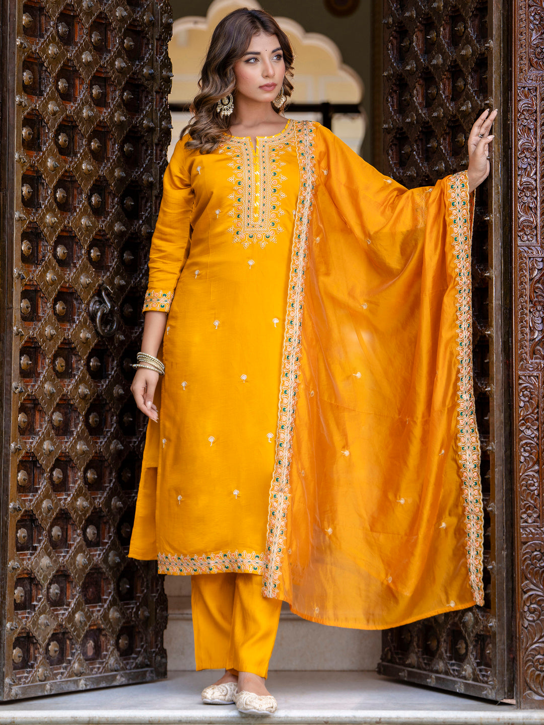 VredeVogel Women's Embroidered Silk Blend Calf Length Straight Kurta Trouser with Dupatta Set