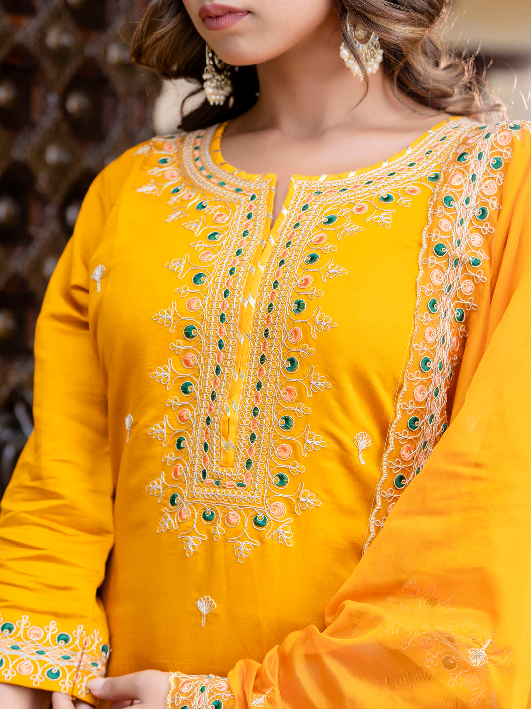 VredeVogel Women's Embroidered Silk Blend Calf Length Straight Kurta Trouser with Dupatta Set