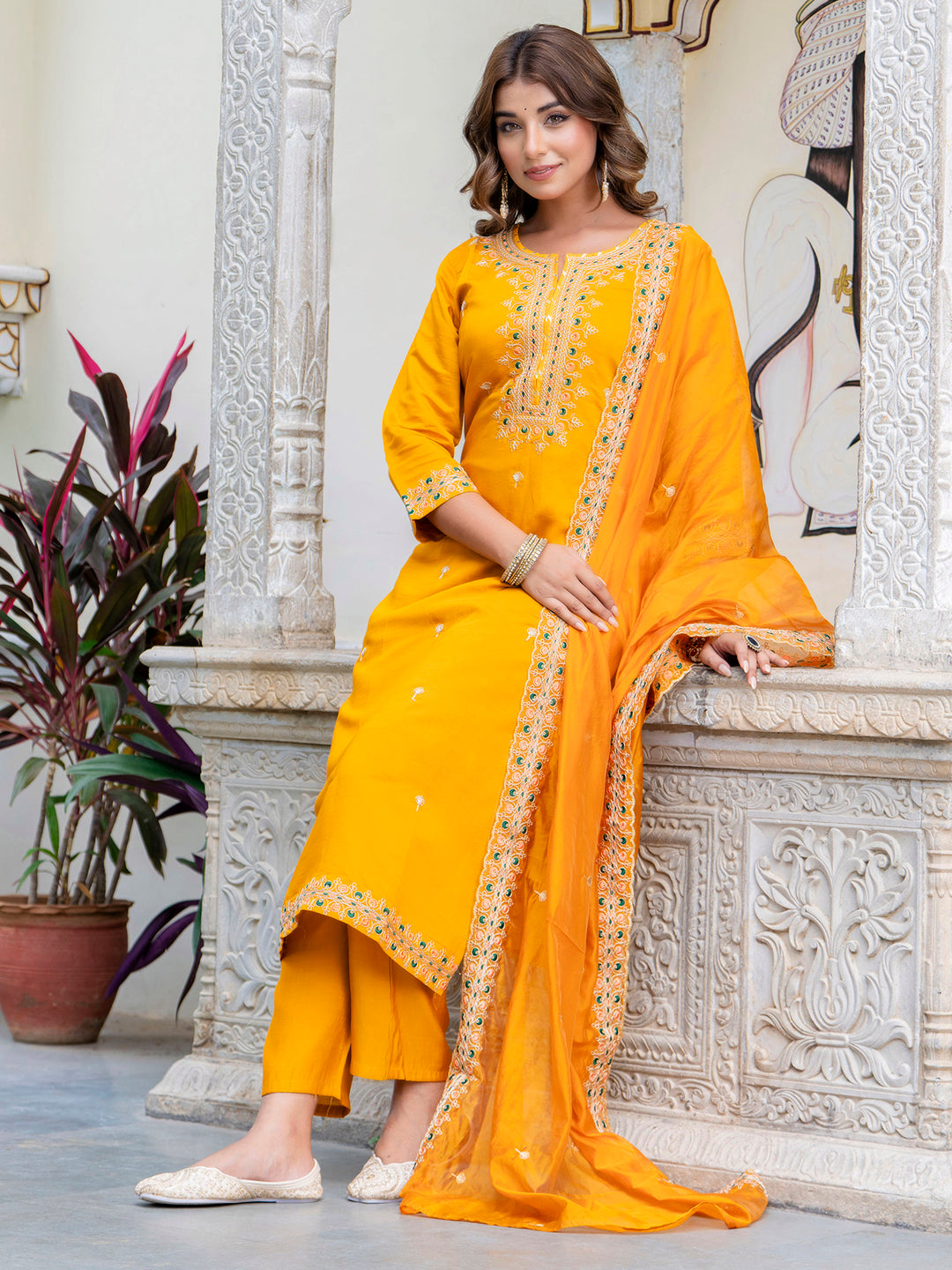 VredeVogel Women's Embroidered Silk Blend Calf Length Straight Kurta Trouser with Dupatta Set