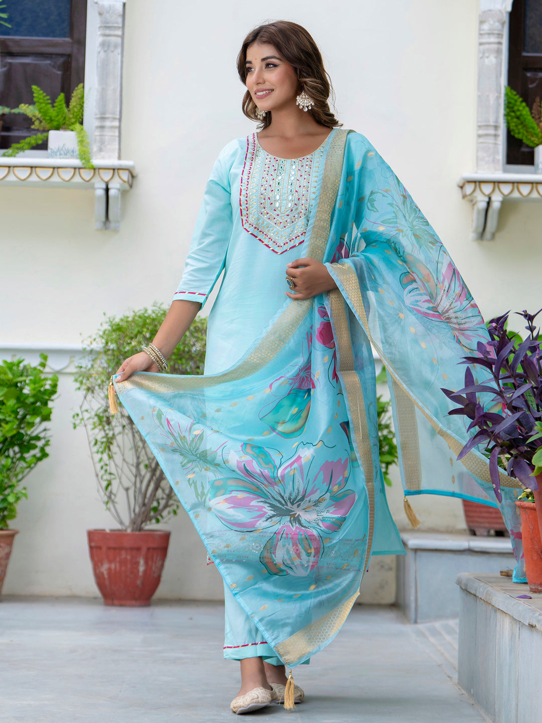 VredeVogel Women's Embroidered Silk Blend Calf Length Straight Kurta Trouser with Dupatta Set