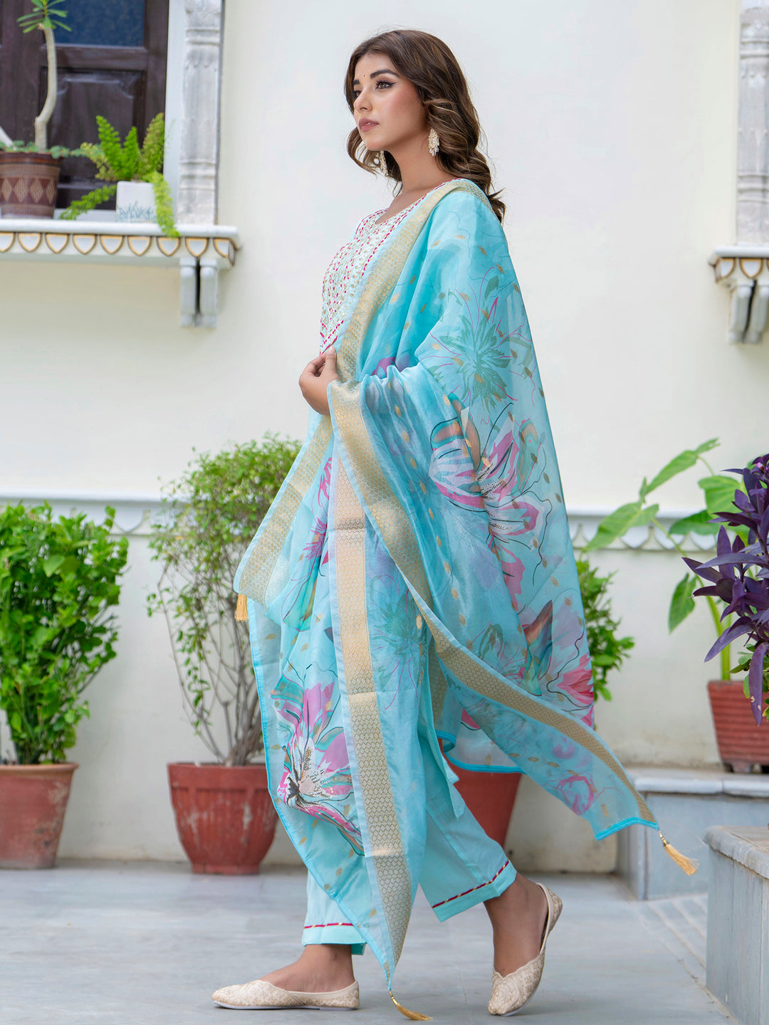 VredeVogel Women's Embroidered Silk Blend Calf Length Straight Kurta Trouser with Dupatta Set