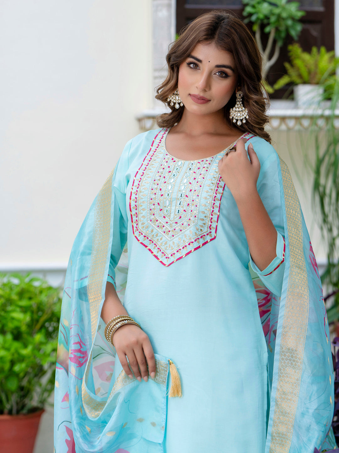 VredeVogel Women's Embroidered Silk Blend Calf Length Straight Kurta Trouser with Dupatta Set