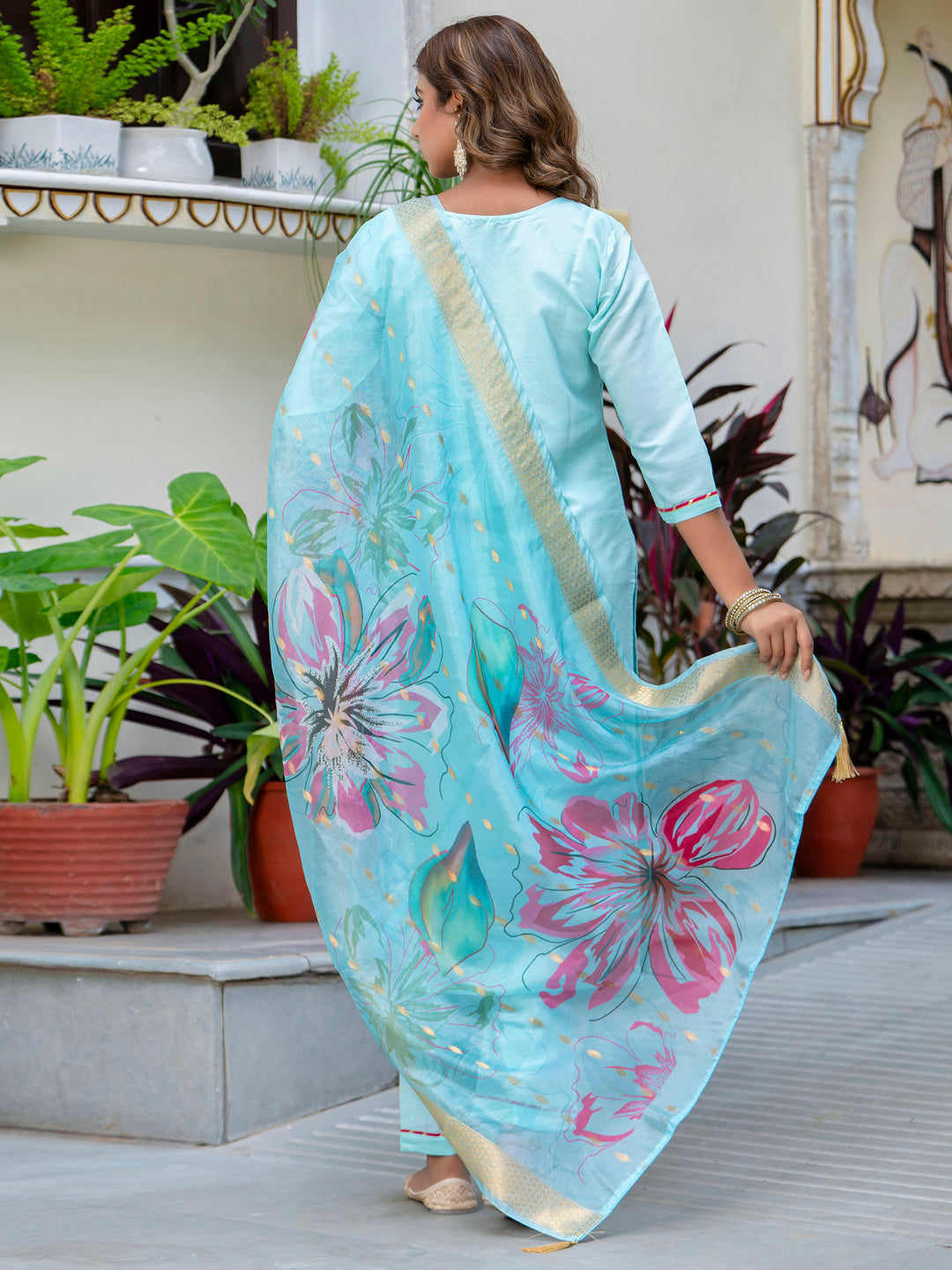 VredeVogel Women's Embroidered Silk Blend Calf Length Straight Kurta Trouser with Dupatta Set