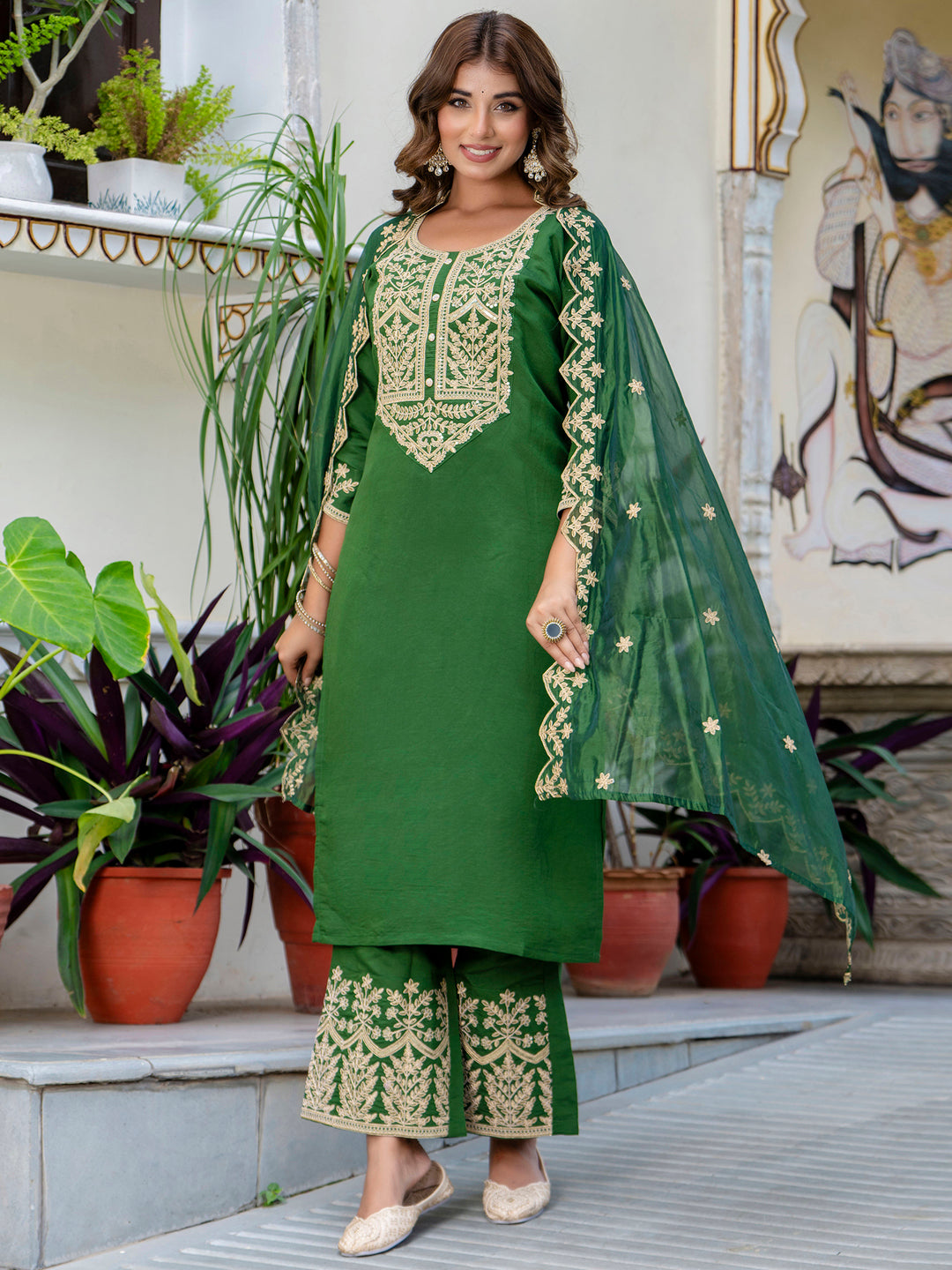 VredeVogel Women's Embroidered Silk Blend Calf Length Straight Kurta with Palazzo & Dupatta Set