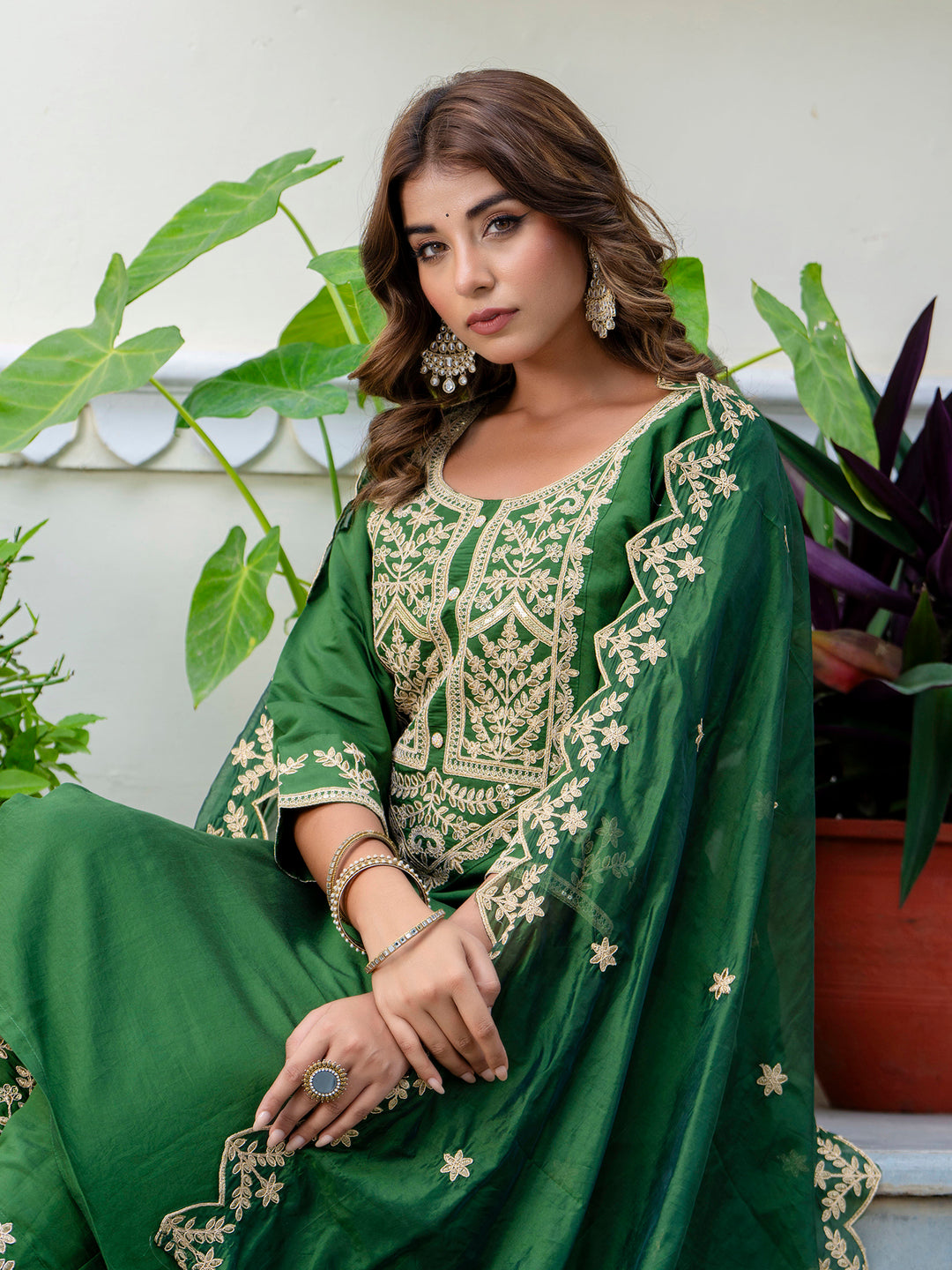 VredeVogel Women's Embroidered Silk Blend Calf Length Straight Kurta with Palazzo & Dupatta Set