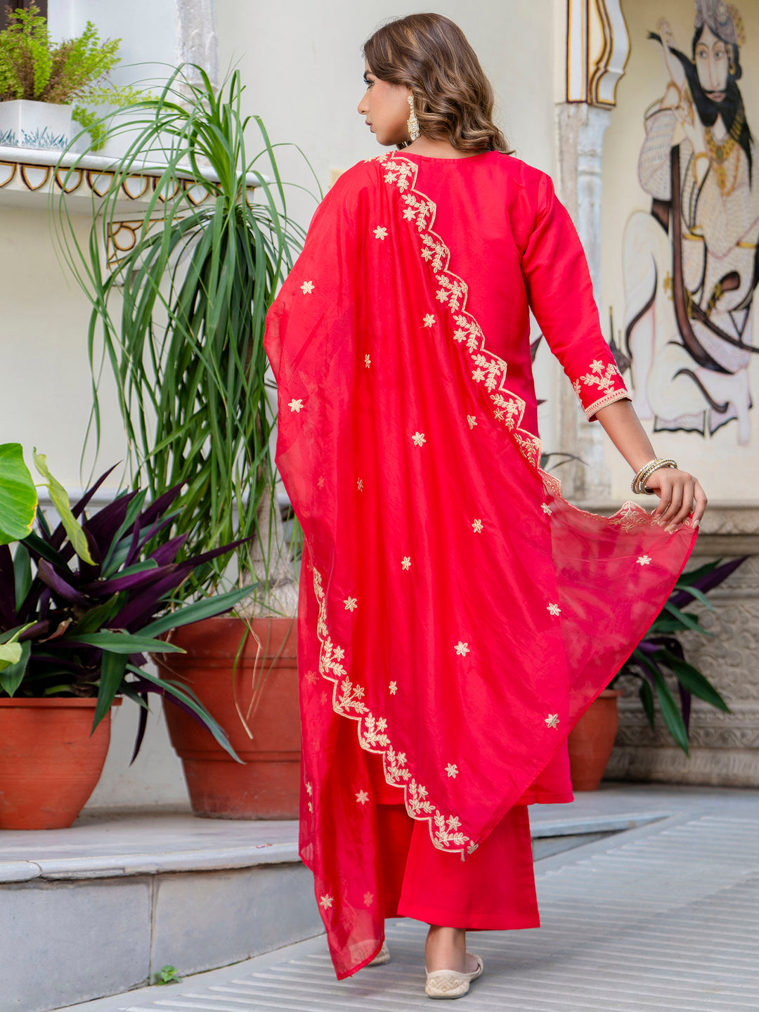 VredeVogel Women's Embroidered Silk Blend Calf Length Straight Kurta with Palazzo & Dupatta Set