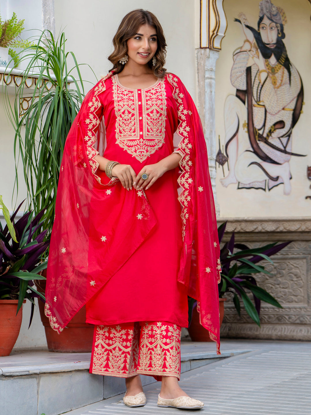 VredeVogel Women's Embroidered Silk Blend Calf Length Straight Kurta with Palazzo & Dupatta Set