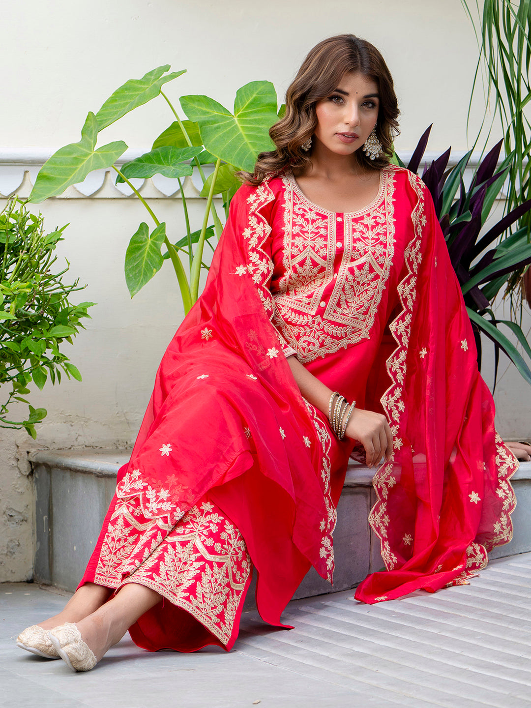 VredeVogel Women's Embroidered Silk Blend Calf Length Straight Kurta with Palazzo & Dupatta Set