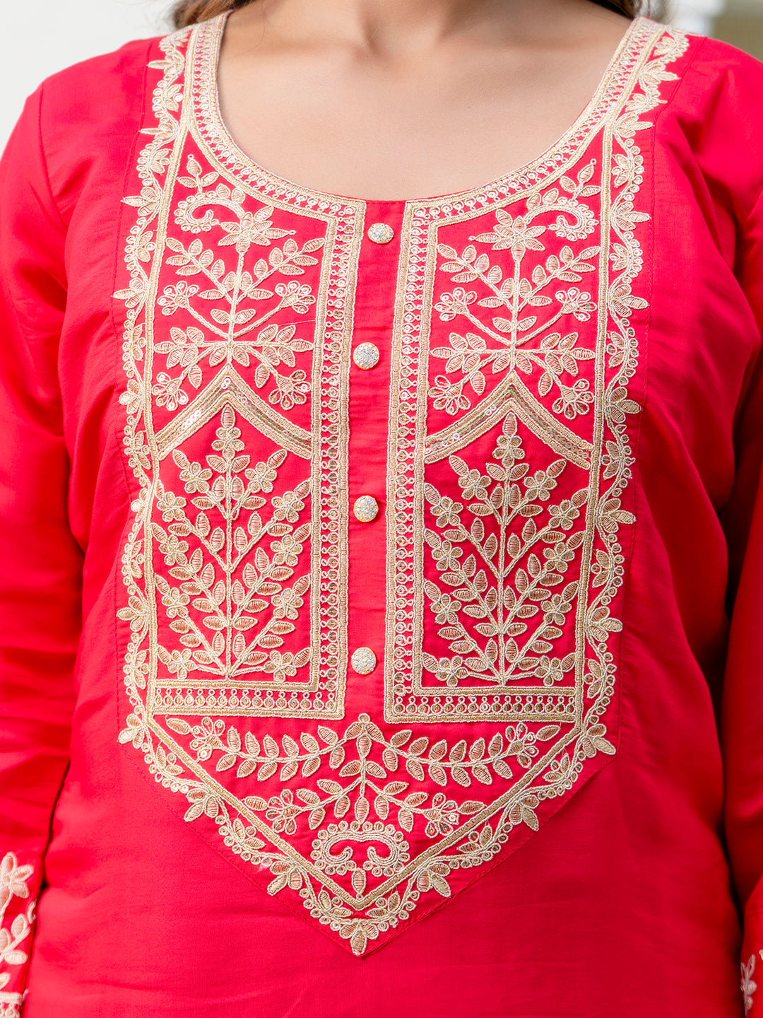 VredeVogel Women's Embroidered Silk Blend Calf Length Straight Kurta with Palazzo & Dupatta Set