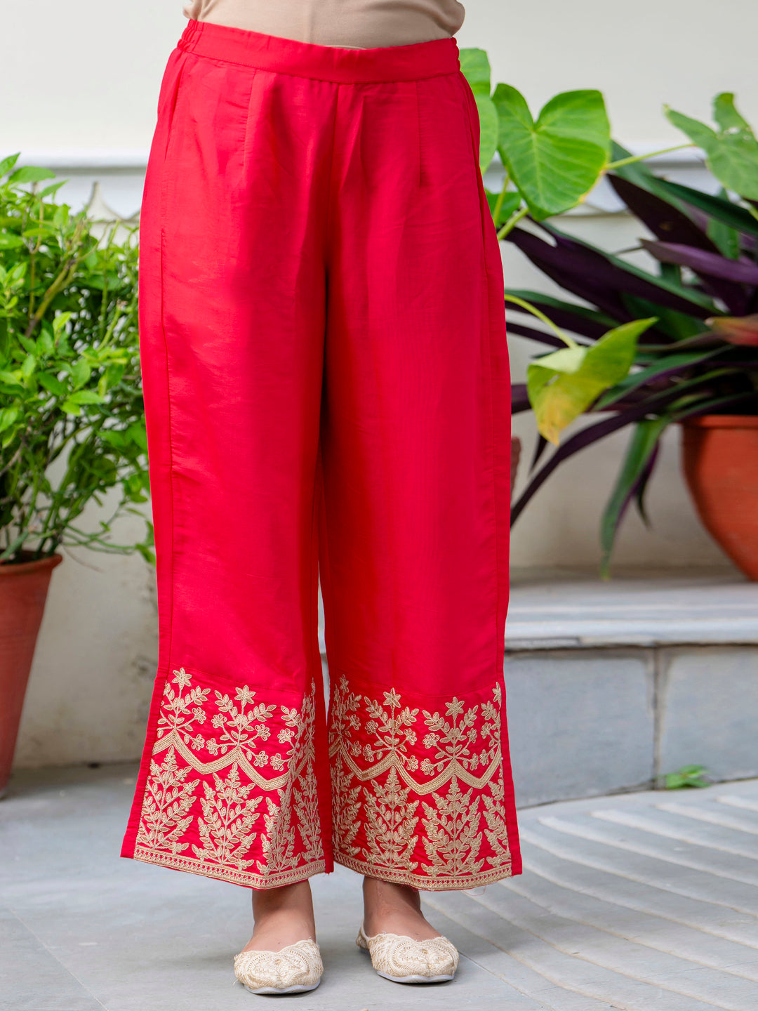 VredeVogel Women's Embroidered Silk Blend Calf Length Straight Kurta with Palazzo & Dupatta Set
