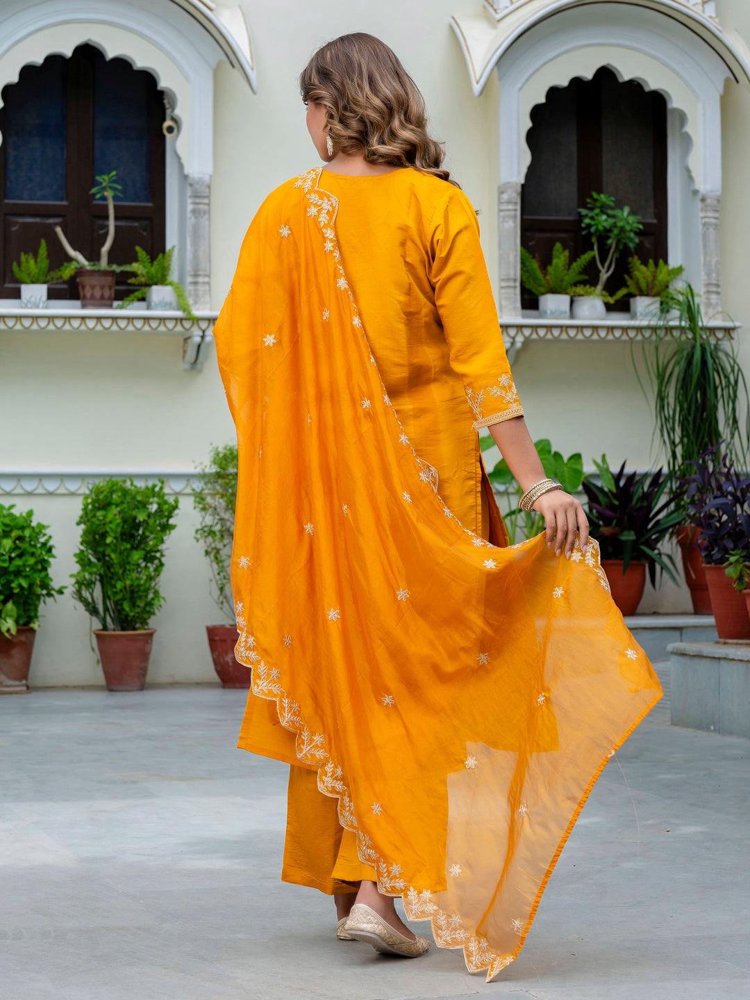 VredeVogel Women's Embroidered Silk Blend Calf Length Straight Kurta with Palazzo & Dupatta Set